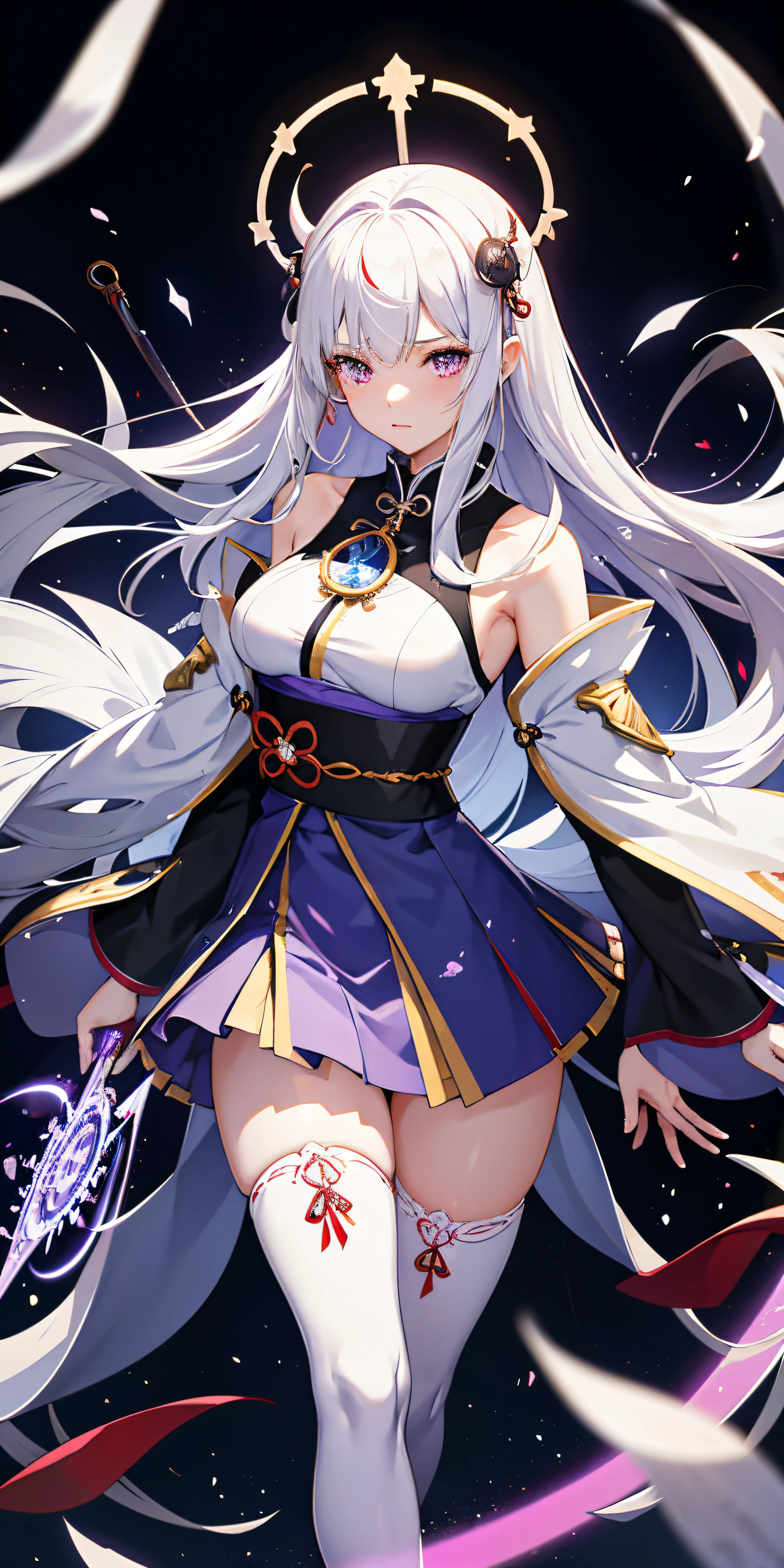1girl, Ropa japonesa, Cola de caballo ,cana, purple eyes, Magical Circle, fuego azul, Llamas azules, papel tapiz, Paisaje, sangre, salpicaduras de sangre, Profundidad de campo, Noche, light particles, rayos de luz, sidelit, Muslos, destino \(serie\), Impacto de Genshin, ****, Chaqueta abierta, falda, muslosaltos, nube