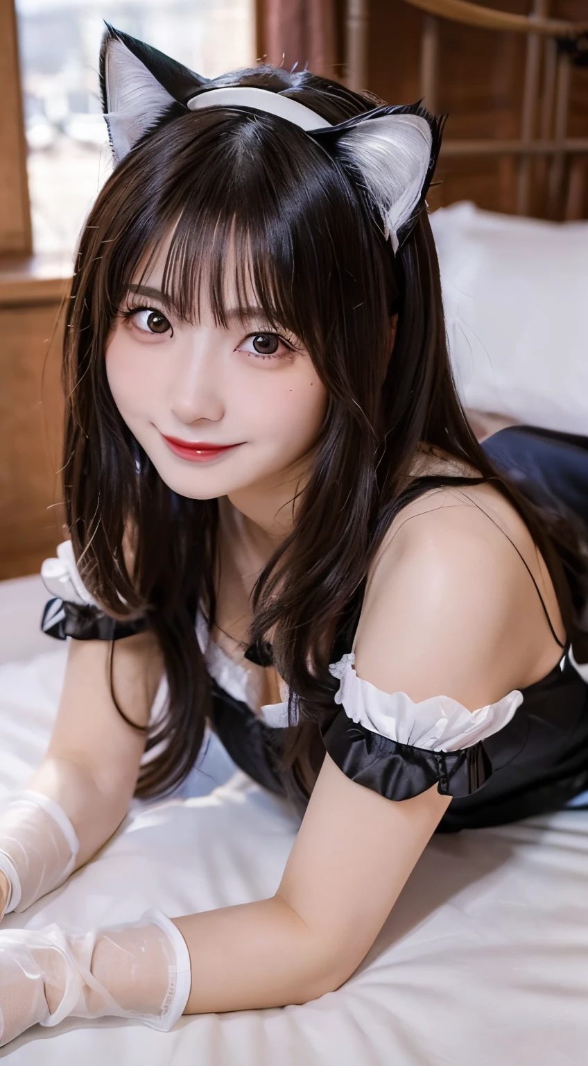 (top-quality,8K picture quality,masterpiece:1.3,),(超A high resolution,Photorealsitic:1.4,Raw photography),(ultra-detailliert,shinny skin,Detailed skin),(Detailed face,Perfect Anatomy,Caustics),(all-fours:1.5),(Cat stretching pose:1.4),(on the beds:1.2),(Front view:1.5),(Low position:1.4),(low angles:1.4),(close up to face),Cat's ears,Cat gloves,(Sexy Maid Clothes),,20yr old,Japanese ido,A dark-haired,Longhaire,a smile,Looking down at the camera,large boob,cleavage of the breast,natural soft light