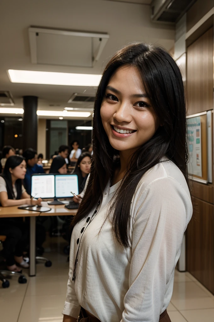 [STYLE OF PHOTO: candid/documentary photography] [SUBJECT: photorealistic portrait of a 25-year-old Thai girl with long, flowing black hair and striking brown eyes] [POSE OR ACTION: Laughing joyfully, capturing a genuine and carefree moment, casually dressed in everyday work attire.] [FRAMING: close up on face] [SETTING/BACKGROUND: Capturing a candid moment in a co-working space in Bangkok, surrounded by colleagues and the buzz of a collaborative environment.] [LIGHTING: soft diffused lighting] [CAMERA ANGLE: eye level] [CAMERA PROPERTIES: Fujifilm X-T4 with a 35mm lens] [PHOTOGRAPHER: Miko Lagerstedt]