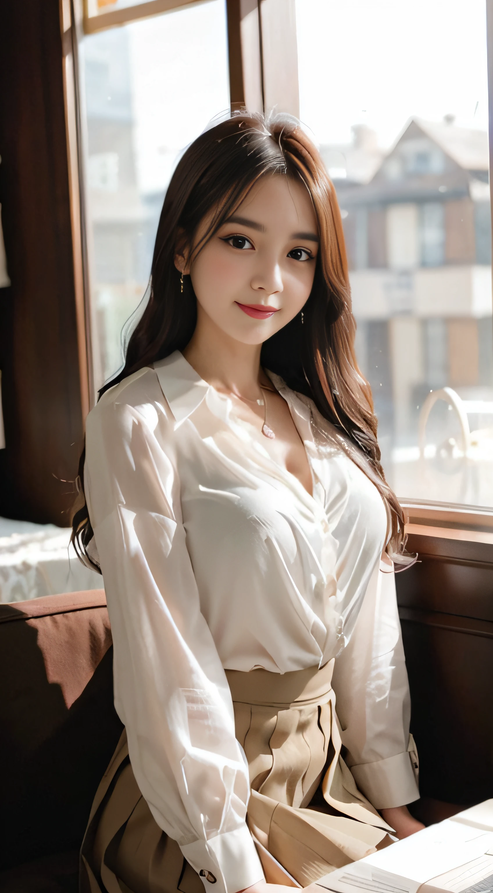 Great face and eyes, Compensate, (Very detailed美しい顔), (Sexiest Looks), (Beautiful big breasts:1.1), (highest quality:1.4), (Very detailed), (very detailed CG synthesis 8k wallpaper), Very detailed, RAW Photos, Professional photography, ((suit)), (Tight Skirt), (open front business shirt), Outdoor, (Business district, City of night, illumination), (Near the sky), Written boundary depth,((Loosely inward wavy hair:1.2)),((Gold Necklace＿Large earrings:1.2)),((Extra long brown hair:1.2))((A shy smile:1.3)),((Sits on a bar chair by the counter in a seductive pose in a stylish bar at night:1.1))、((Wearing an elegant blouse, Wearing an ultra-thin blouse:1.3)),((Pleated skirt in off-white:1.3)),