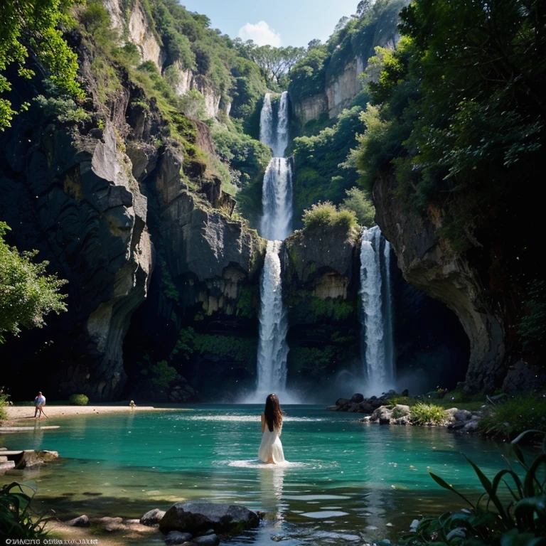 Brazilian woman, beautiful, seen from the back in a river of clear waters, without clothes, perfect legs --auto --s2