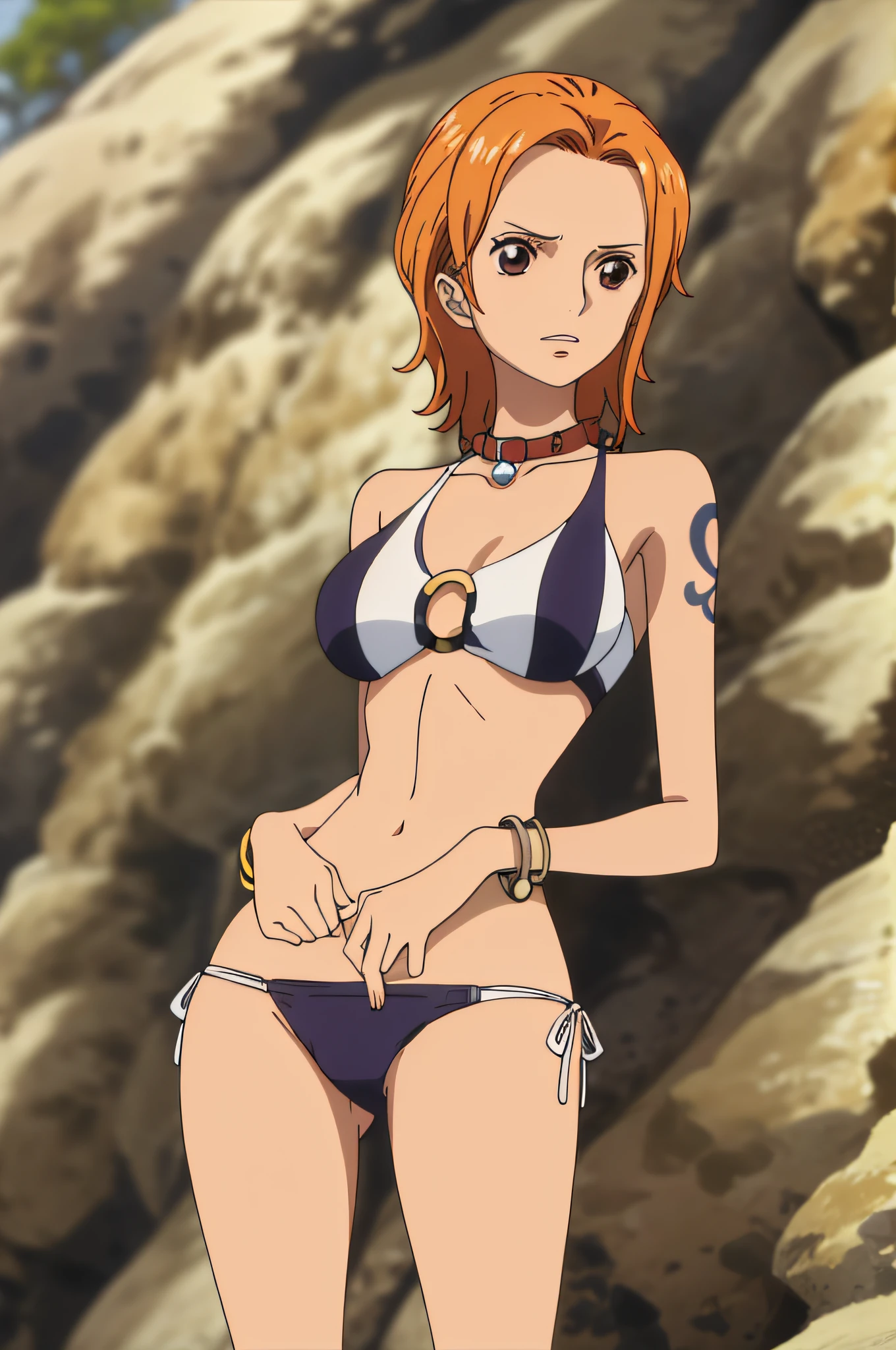 swimsuit, bikini anillo, Bikini a rayas, pelo corto, cabello mojado, 1girl, solamente, senos grandes, escote, brown eyes, jewely, collar, cabello naranja, tatuaje, o-ring, Axilas