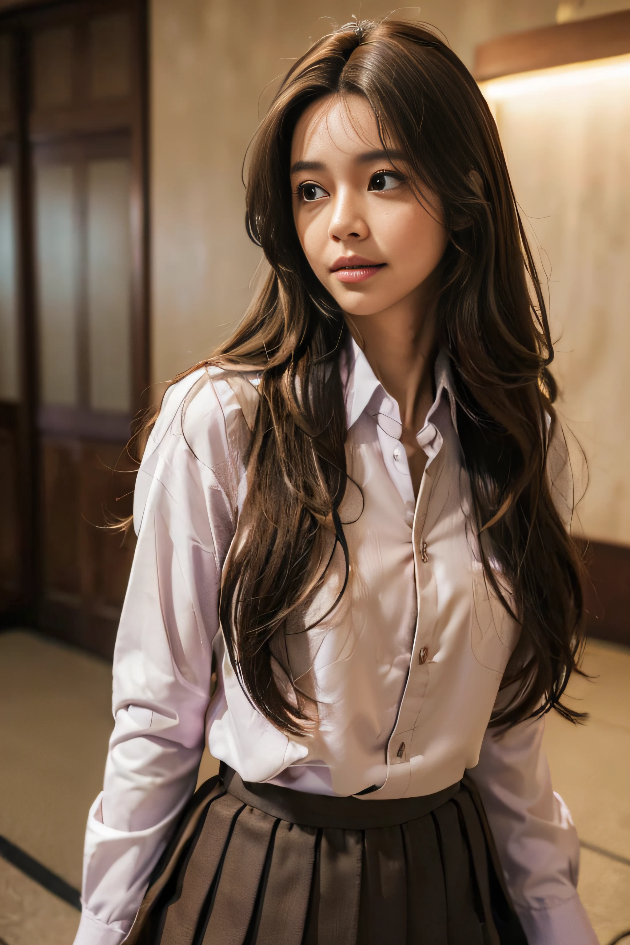 ((Beautiful girl in Japan:1.3))((School Uniforms:1.4))((pantyshot:1.5))((highschool)),((purple long sleeve button shirt:1.2))((Purple pleated skirt:1.3)) ((standing in a hotel lobby waiting for someone:1.3)) ((Thin_fabric:1.4)) ((Random sexy poses:1.3)) ((full of sweat:1.5))((with a flushed face:1.4)) ((Medium milk:1.4)) ((close-up:1.2)) Best Quality,masutepiece,超A high resolution,(Photorealistic:1.4),Raw photo,(Authentic skin texture:1.3),(Film grain:1.3),the panorama,Character Portrait,Very Wide Shot,Narrow waist,Cowboy Shot,(In the Dark, deepshadow, lowkey, cold light,) Night,((Brown-colored super long hair:1.4)),Streaming Tears,,Dust,Tindall Effect,(expression),1girl in,beautiful detailed eyes and face,White Jabot,Brown eyes,((Brown hair:1.2)) ((Full body:1.3)) ((Smile:1.3))