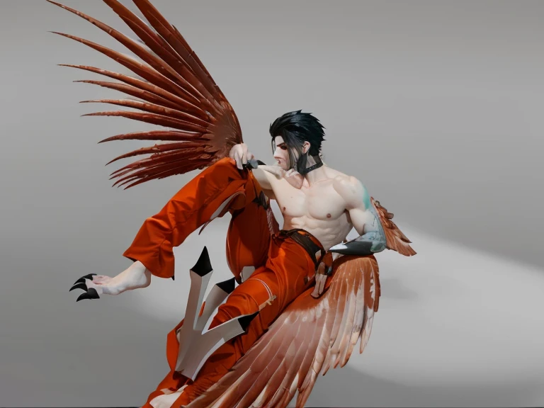 Male harpie with black mullet style hair, shaved sides of hair, orange harpie wings, clawed three-toe harpie feet, wearing an orange prison jumpsuit halfway off, sitting down with a knee up, arm resting on knee, in the style of d&d character artwork ((harpie))