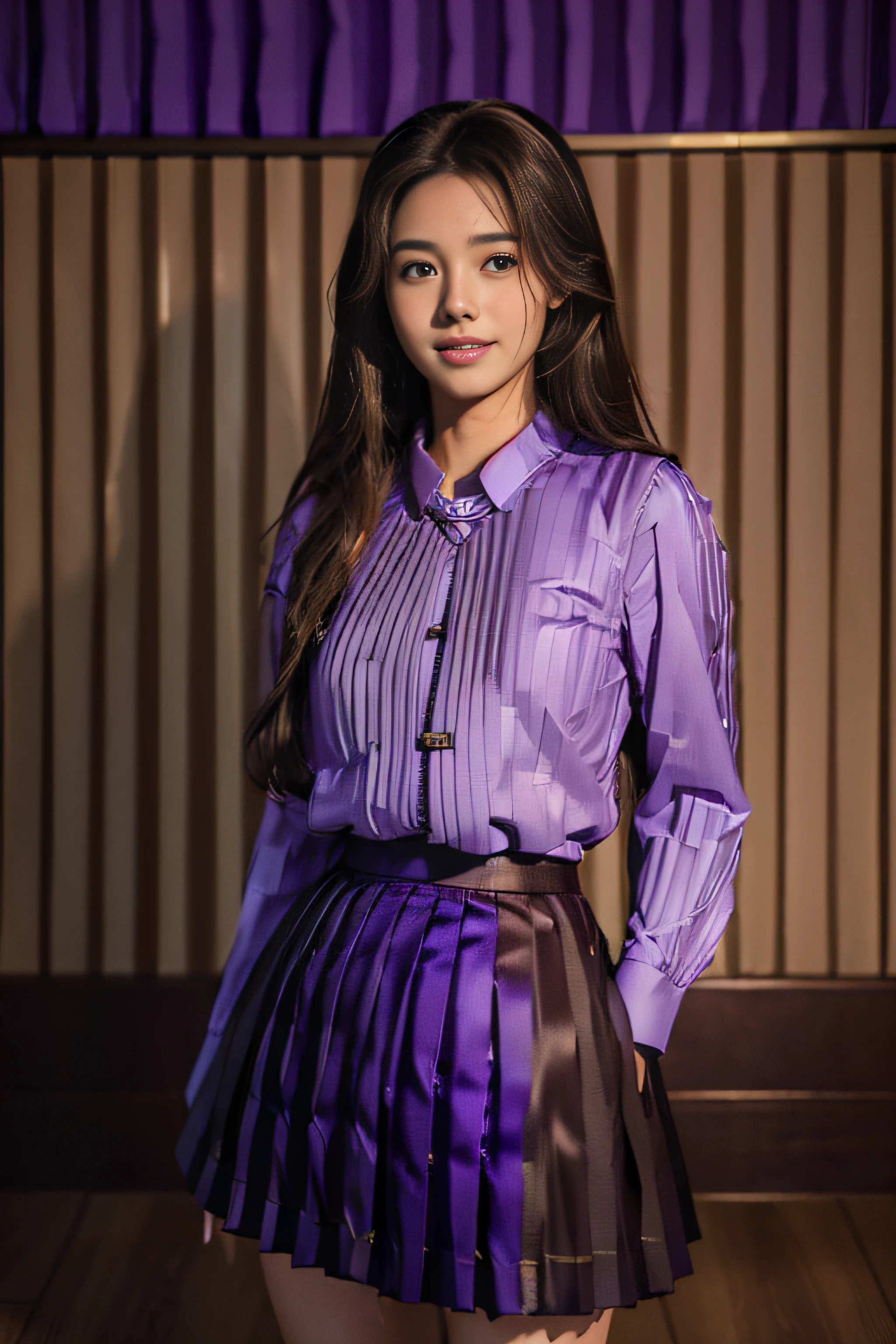 ((Beautiful girl in Japan:1.3)),((School Uniforms:1.4)),((pantyshot:1.5)),((purple long sleeve button shirt:1.2)),(((Purple pleated skirt:1.6))),((standing in a hotel lobby waiting for someone:1.3)),((Thin_fabric:1.4)) ((Random sexy poses:1.3)) ((full of sweat:1.5))((with a flushed face:1.4)) ((Medium milk:1.4)) ((close-up:1.2)) Best Quality,masutepiece,超A high resolution,(Photorealistic:1.4),Raw photo,(Authentic skin texture:1.3),(Film grain:1.3),the panorama,Character Portrait,Very Wide Shot,Narrow waist,Cowboy Shot,(In the Dark, deepshadow, lowkey, cold light,) Night,((Brown-colored super long hair:1.4)),Streaming Tears,,Dust,Tindall Effect,(expression),1girl in,beautiful detailed eyes and face,White Jabot,Brown eyes,((Brown hair:1.2)) ((Full body:1.3)) ((Smile:1.3))