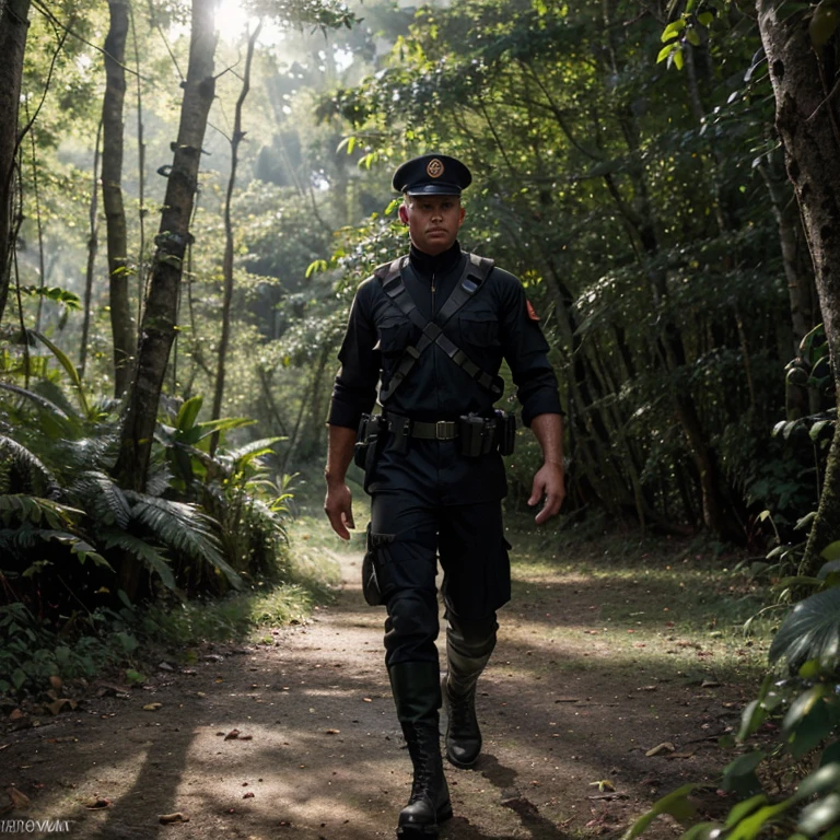 "(best quality,4k,8k,highres,masterpiece:1.2),ultra-detailed,(realistic,photorealistic,photo-realistic:1.37),soldier,socialist,strong,confident,black uniform,bright black military boots,cuban style military cap with a red star symbol bullet proof vest,red armband,left arm,Amazon rainforest,lush greenery,dense trees,misty atmosphere,sunlight streaming through the foliage,peaceful yet mysterious,majestic,inspiring"