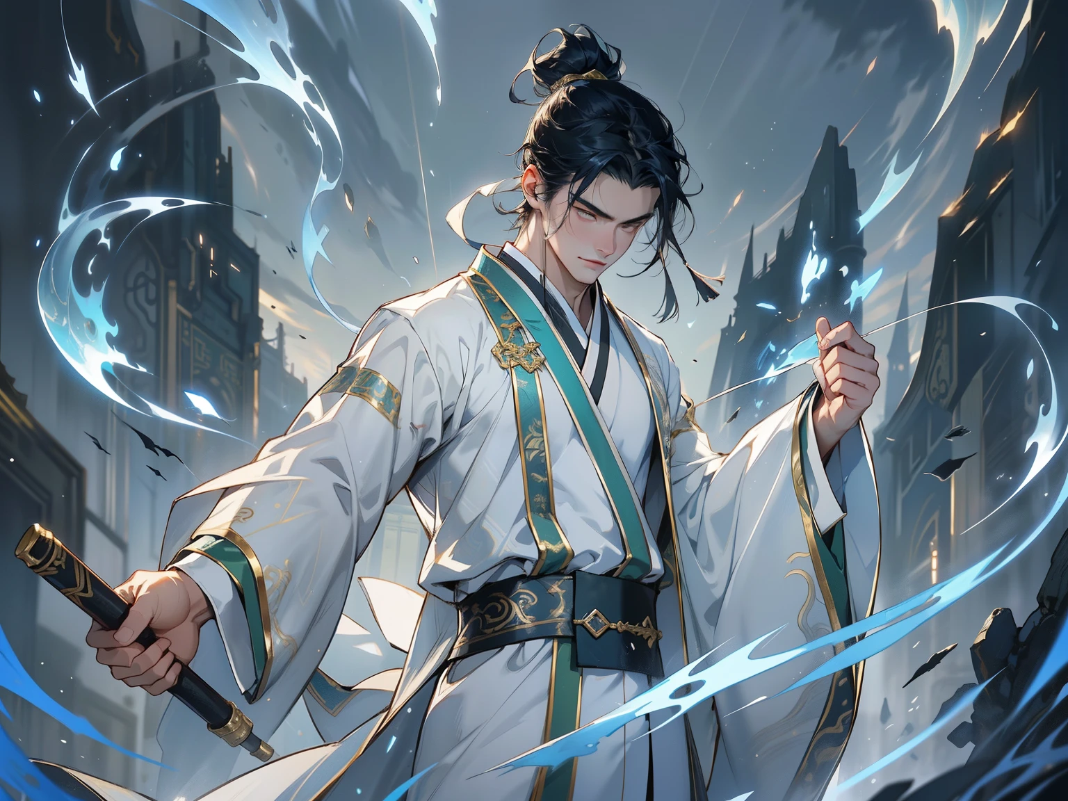 A handsome Chinese boy、Half a body、Fighting posture，Clear facial features，Wearing a blue and white Chinese suit，The body is surrounded by dark green mist，Runes surround you，Gold pattern，game light effects，rim-light，softlighting，cinematic rim light，The light is very delicate，high high quality