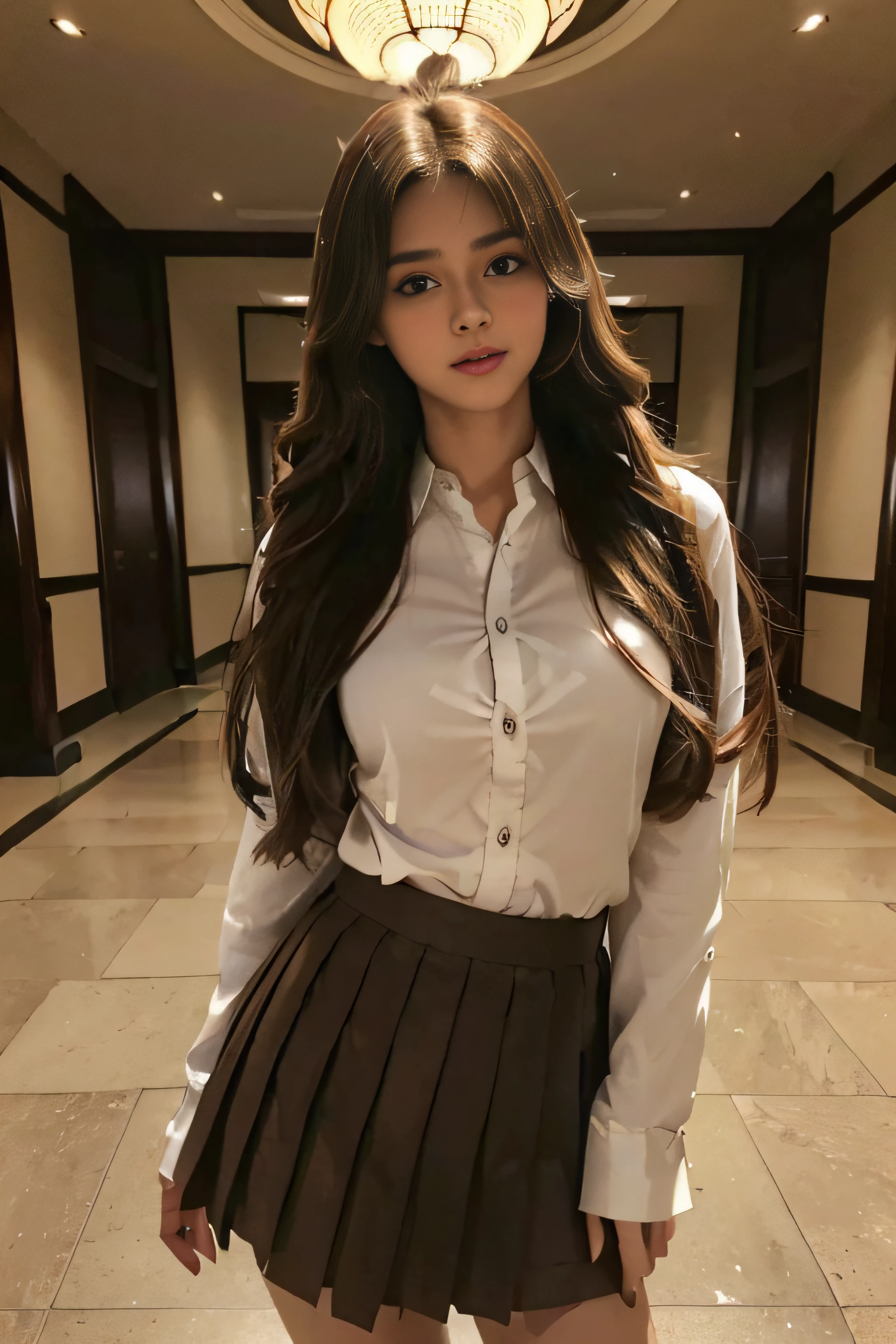 ((Beautiful girl in Japan:1.3)) ((School Uniforms:1.4)) ((pantyshot:1.5)) ((highschool)),((purple long sleeve button shirt:1.2))((Purple pleated skirt:1.3)) ((standing in a hotel lobby waiting for someone:1.3)) ((Thin_fabric:1.4)) ((Random sexy poses:1.3)) ((full of sweat:1.5))((with a flushed face:1.4)) ((Medium milk:1.4)) ((close-up:1.2)) Best Quality,masutepiece,超A high resolution,(Photorealistic:1.4),Raw photo,(Authentic skin texture:1.3),(Film grain:1.3),the panorama,Character Portrait,Very Wide Shot,Narrow waist,Cowboy Shot,(In the Dark, deepshadow, lowkey, cold light,) Night,((Brown-colored super long hair:1.4)),Streaming Tears,,Dust,Tindall Effect,(expression),1girl in,beautiful detailed eyes and face,White Jabot,Brown eyes,((Brown hair:1.2)) ((Full body:1.3)) ((Smile:1.3))