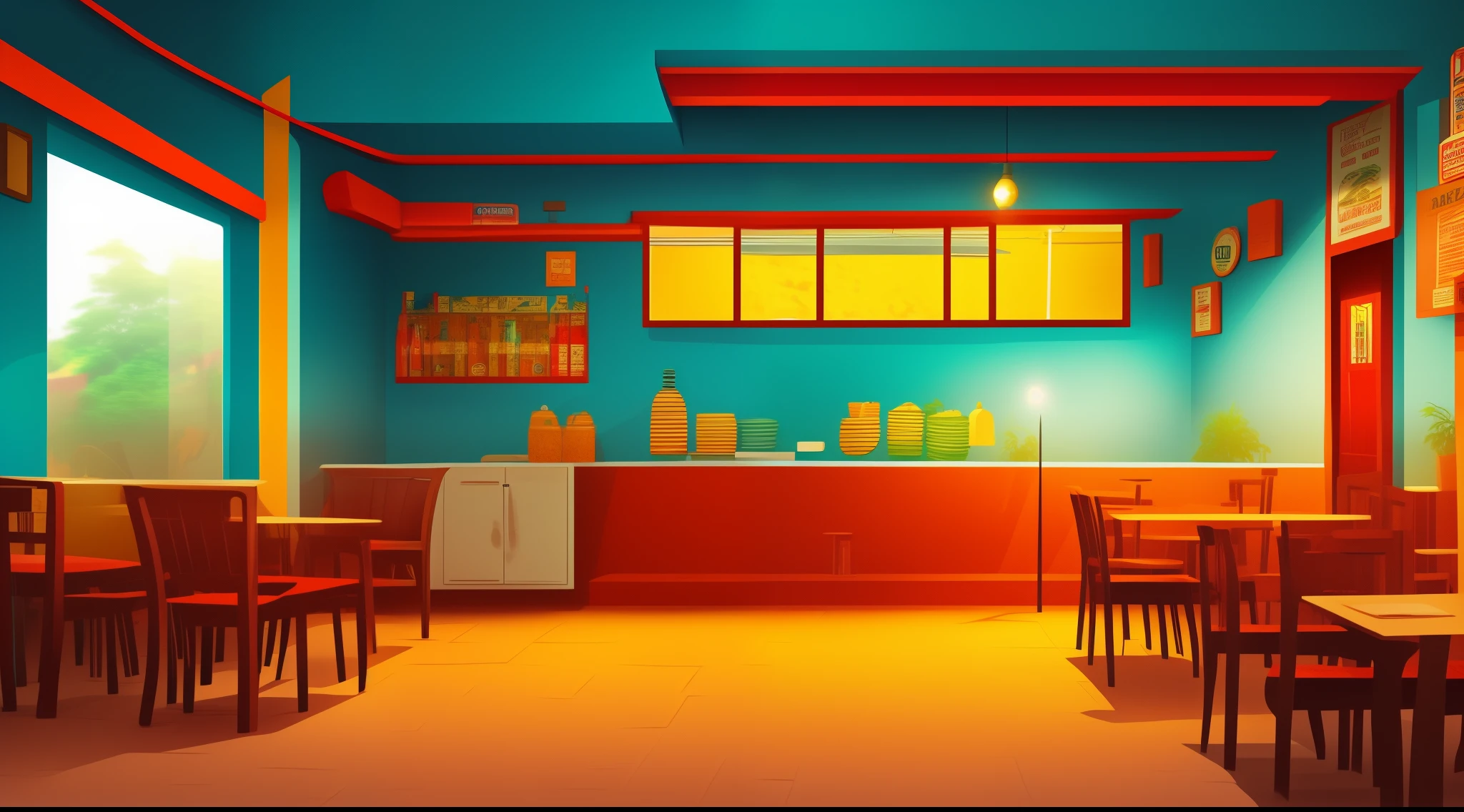cartoon road side cafe interior, poor road side cafe interior, room , bad condition room interior, a Indian a small cafe, Indian cafe , road , bright white lighting