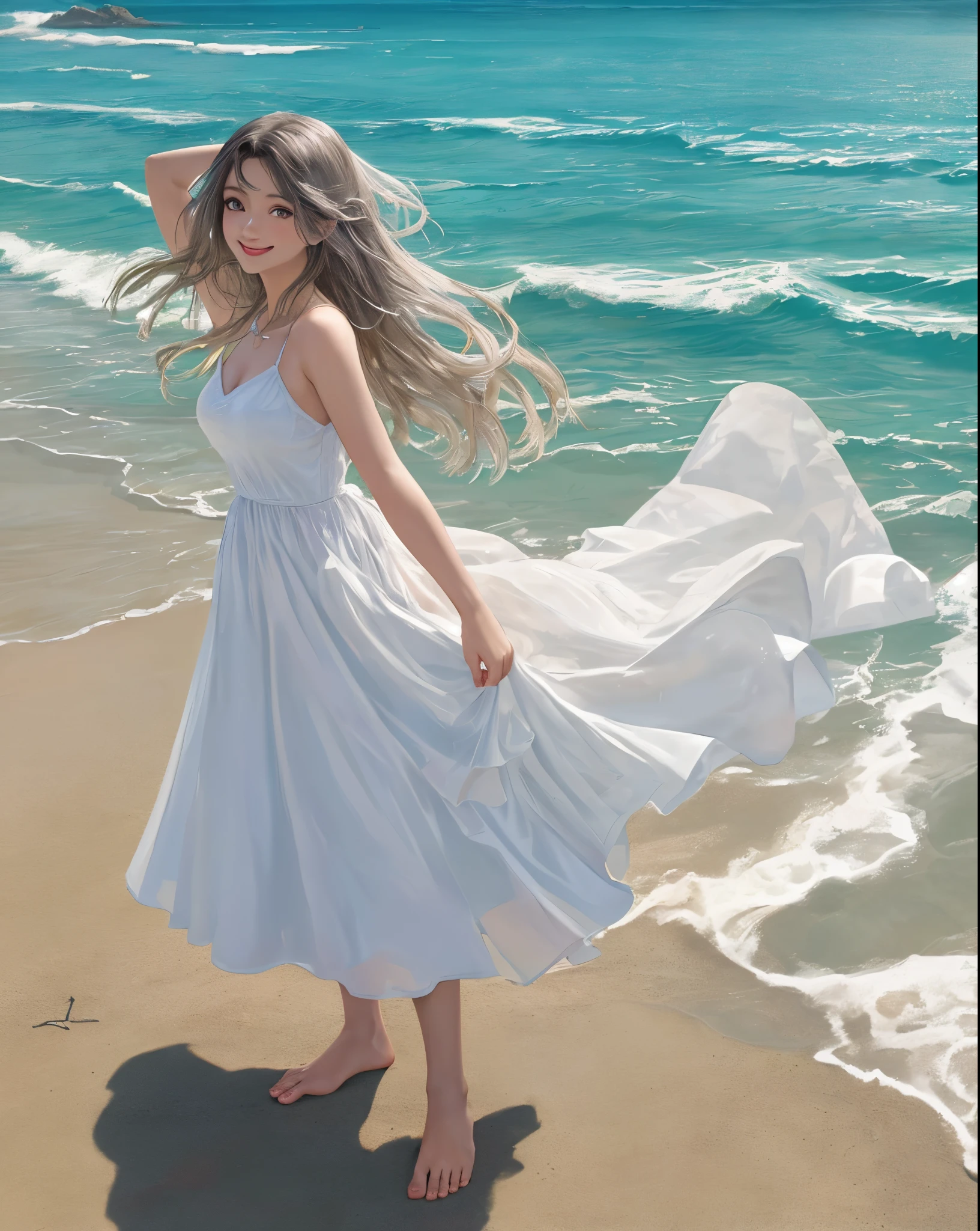 Uma mulher negra que tem cabelos cacheado, e soltos. Ela tem olhos castanhos escuros e um sorriso no rosto.
She's wearing a white dress, that is loose and floating. The dress reaches the knees and has a V-neckline..**
She's standing on the beach, barefoot in the sand. she is looking at the sea, with a look of admiration.
The sky is clear blue, com algumas nuvens brancas. The sea is calm, com ondas suaves quebrando na areia.**