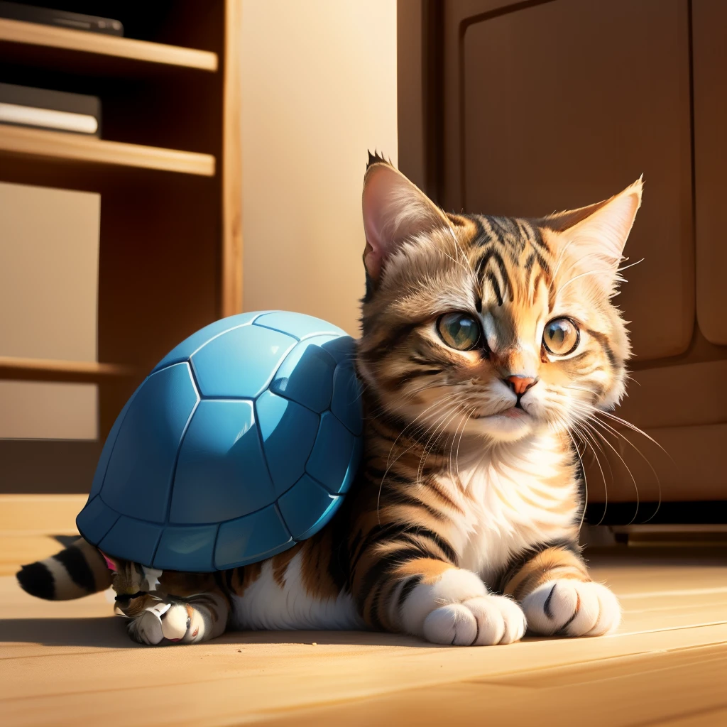 un chaton qui joue avec une tortue a