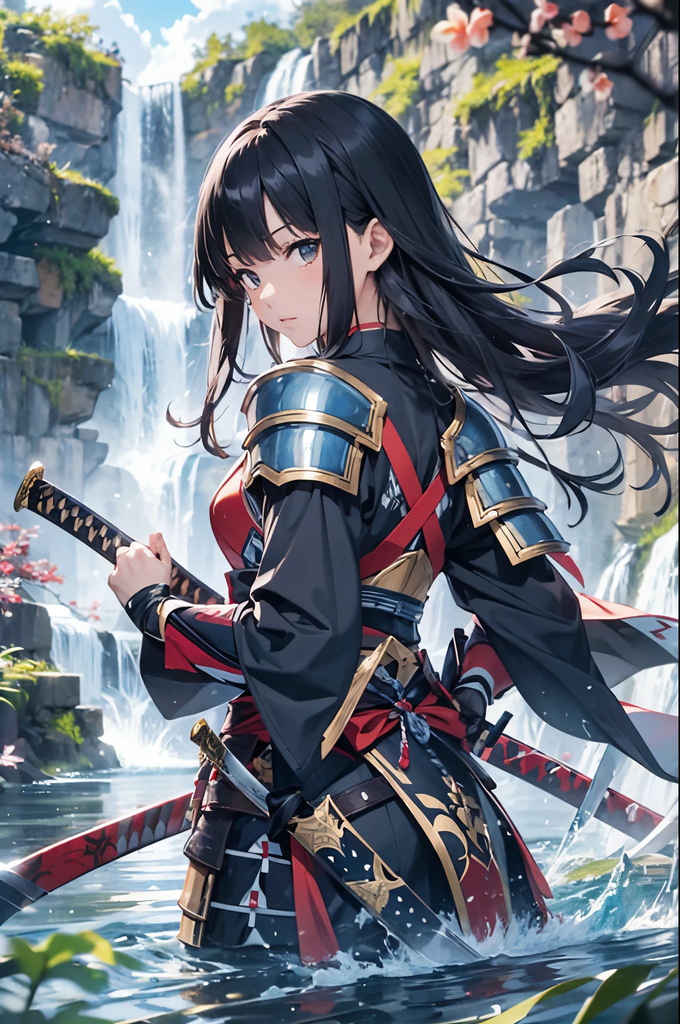 Anime character wearing warrior clothes、holding a sword by the waterfall。, Sword, arma, 1girl in, armor, Black hair, Holding, Solo, Looking at Viewer, Shoulder Armor, Outdoors, Japanese armor, Water, katanas, Komono, holding swords, holding weapon, scabbard, Long hair, Bangs