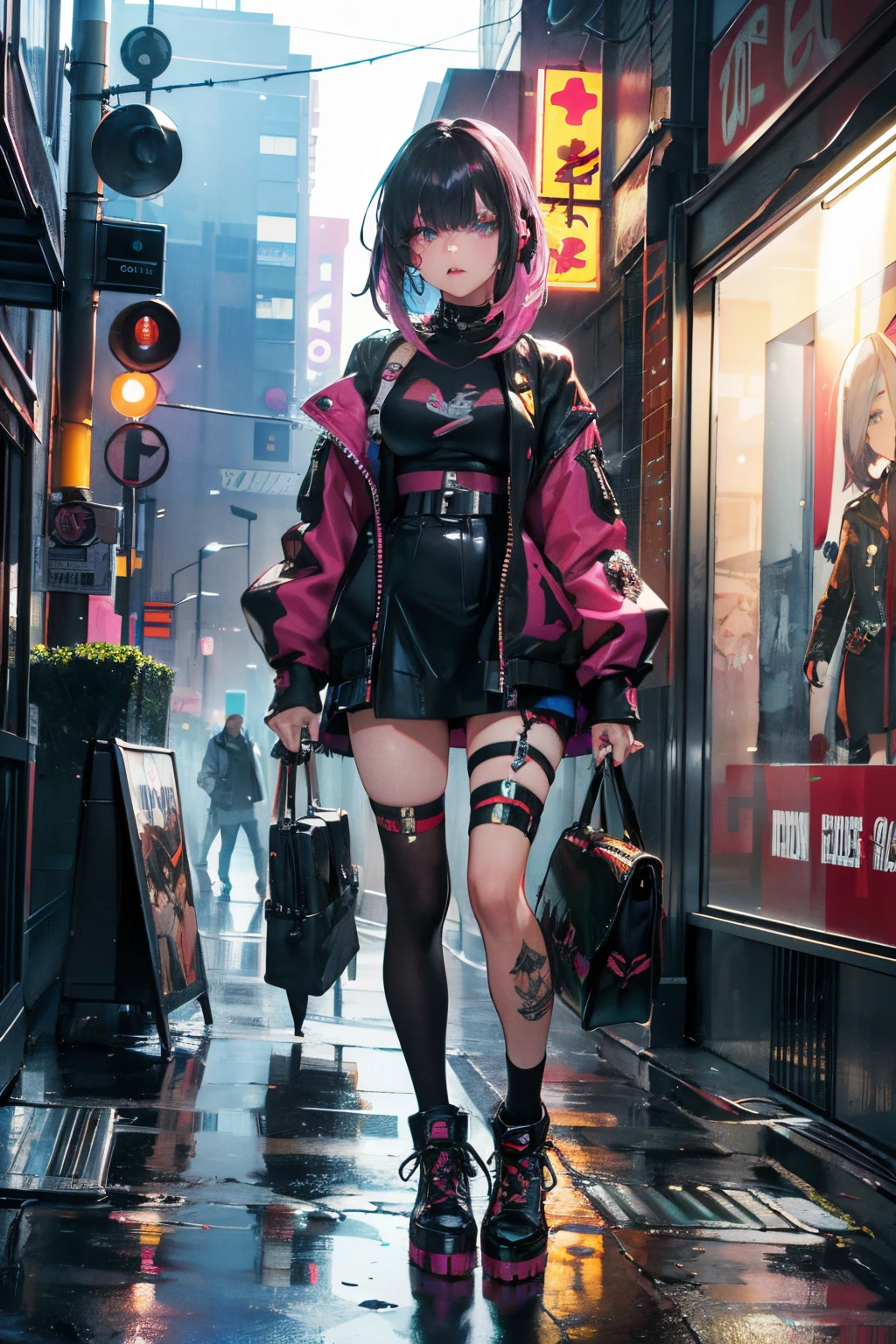 a 20 yo woman、A dark-haired、(hi-top fade:1.3)、dark themed、Muted Tones、Subdued Color、highly contrast、(natural skin textures、Hyper-Realism、Soft light、sharp)、(masutepiece:1.2, Best Quality), (real picture, Intricate details), (1lady, Solo, Upper body, Big Tits)
Clothes: Edgy, Avant-garde, experimental
appearance: Shaved head or bold hair color, Dramatic makeup, Unconventional fashion choices
behavior: defiance, non-conformist, place of provocation: urban art district, Underground Music Scene
hobby: attending punk shows, creating mixed media art, Try different subcultures
values: individuality, authenticity, Creative Expression Inspiration: Punk rock music, guitar,Counterculture icons, Characters of the avant-garde movement: Bold, boldness, Unconventional. One woman in a neon street Pink hair Full shot Rough Headphones Full body