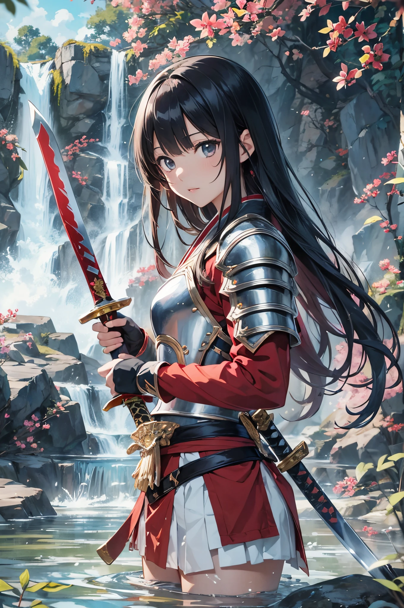 Anime character wearing warrior clothes、holding a sword by the waterfall。, Sword, arma, 1girl in, armor, Black hair, Holding, Solo, Looking at Viewer, Shoulder Armor, Outdoors, Japanese armor, Water, katanas, Komono, holding swords, holding weapon, scabbard, Long hair, Bangs