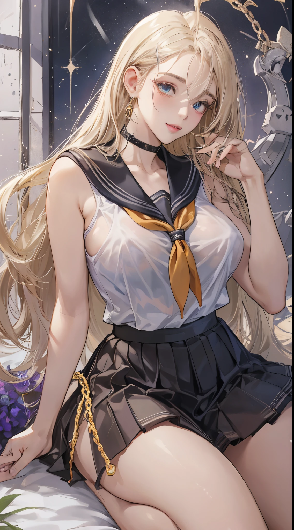 top-quality、realistic touch,high-detail、photoRealstic、Long body、skirts that are too short、Sleeveless、Captive Beauty、big eye、Big breasts that are about to fall out of your clothes、Strong platinum blonde eyelashes、platinum-blonde、Beautie、A sexy、full body Esbian、Sparkling eyes、Submissive smile、Flushed cheeks、Kamimei、thin-waist、Voluptuous thighs、Enraptured look、Raked bangs、The forehead is protruding、See-through clothing、high-heels、Underwear that shows camel toes、She is chained off-screen with a collar and chain......、High school student in sailor suit