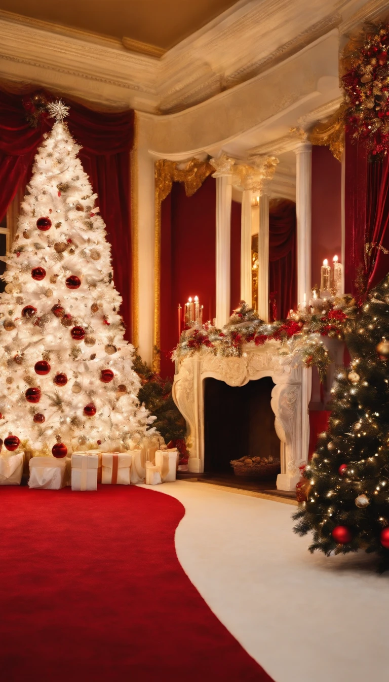 red carpet is laid out、A sparkling white Christmas tree in the center、hiquality