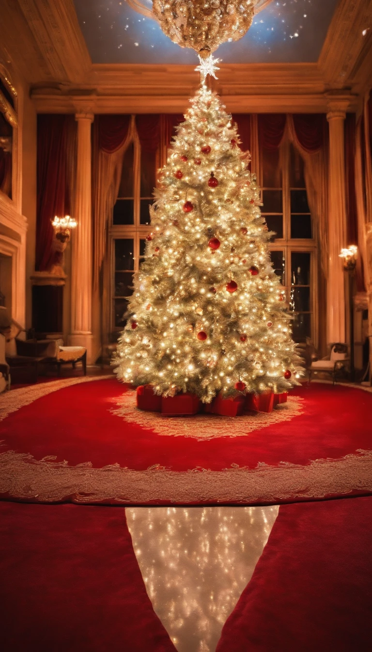 red carpet is laid out、A sparkling white Christmas tree in the center、Moving Light、hiquality