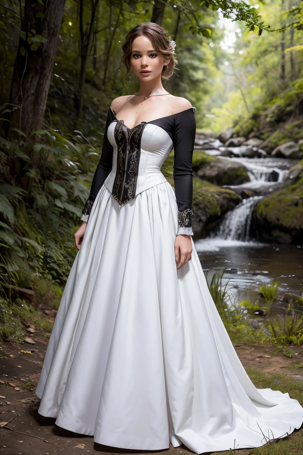 Ela é Jennifer Lawrence ,Linda maravilhosa cabelos negros ,com traje da branca de neve , maças em um cesto , com animais ,tipo esquilos, servos gamos . borboletas , lindos passaros ao redor , caminho trilha
