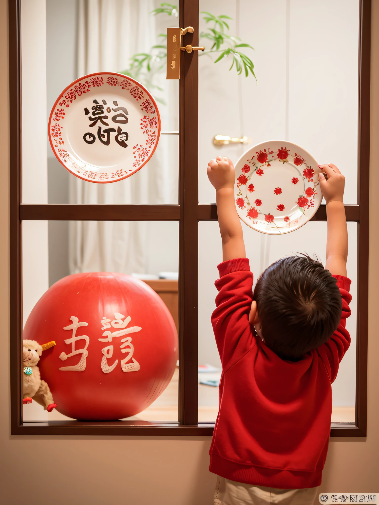 Arafid child holds a plate with Chinese writing on it, Ha 576, year 2447, gleeful, Decoration around the room, (number art), Chinese, 64x64, cai xukun, Chinese traditional, 5 days, 5 days, large view, second, Middle Metaverse, decor