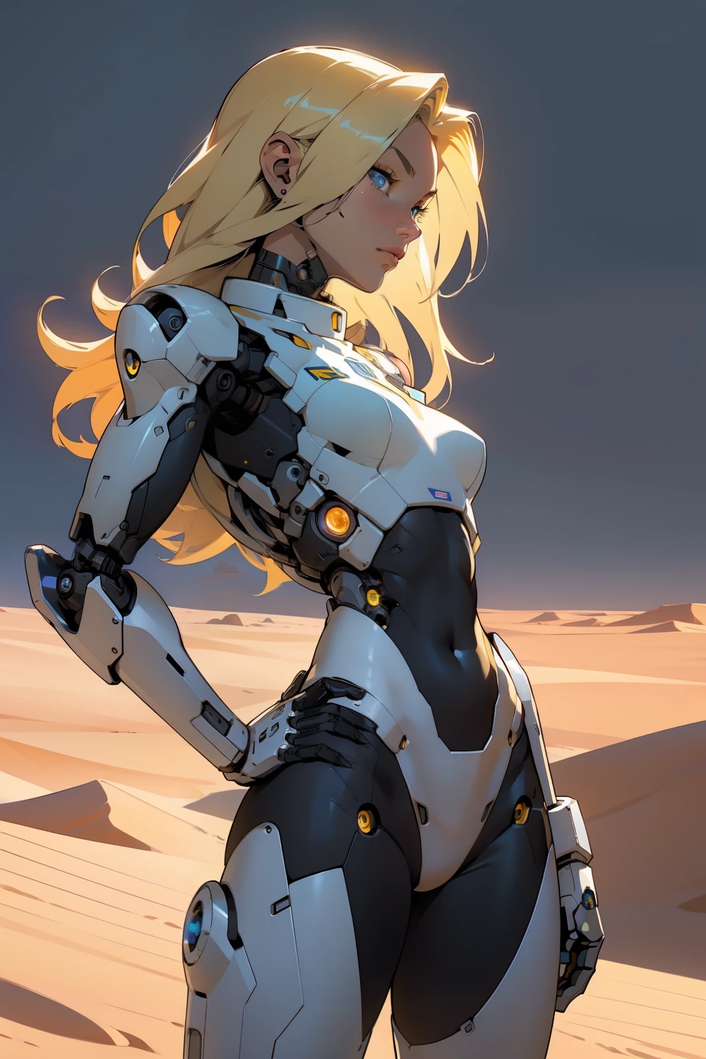 high quality, 4k, masterpiece, beautiful, cyborg girl, cowboy shot, clear eyes, side view, turning around to look at viewer, long blonde hair, girl, small breasts, fit thigh, robotic arms, robotic body, cyborg body, yellow accent, redaccent, intricate detail, joint, detailed lines, robotic detail, hand on hip, color robotic parts, robotic parts with color, perfect fingers, on a desert planet, sunny background, colorful desert,