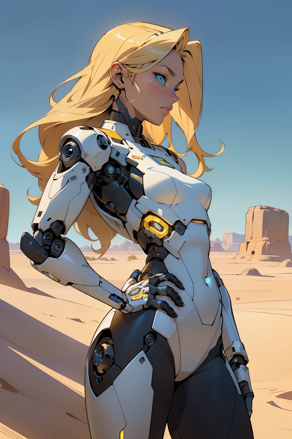 high quality, 4k, masterpiece, beautiful, cyborg girl, cowboy shot, dull eyes, looking at viewer, long blonde hair, girl, small breasts, fit thigh, robotic arms, robotic body, cyborg body, yellow accent, intricate detail, joint, detailed lines, robotic detail, holding fist up, holding hand up as fist, color robotic parts, robotic parts with color, perfect fingers, on a desert planet, sunny background, colorful desert,