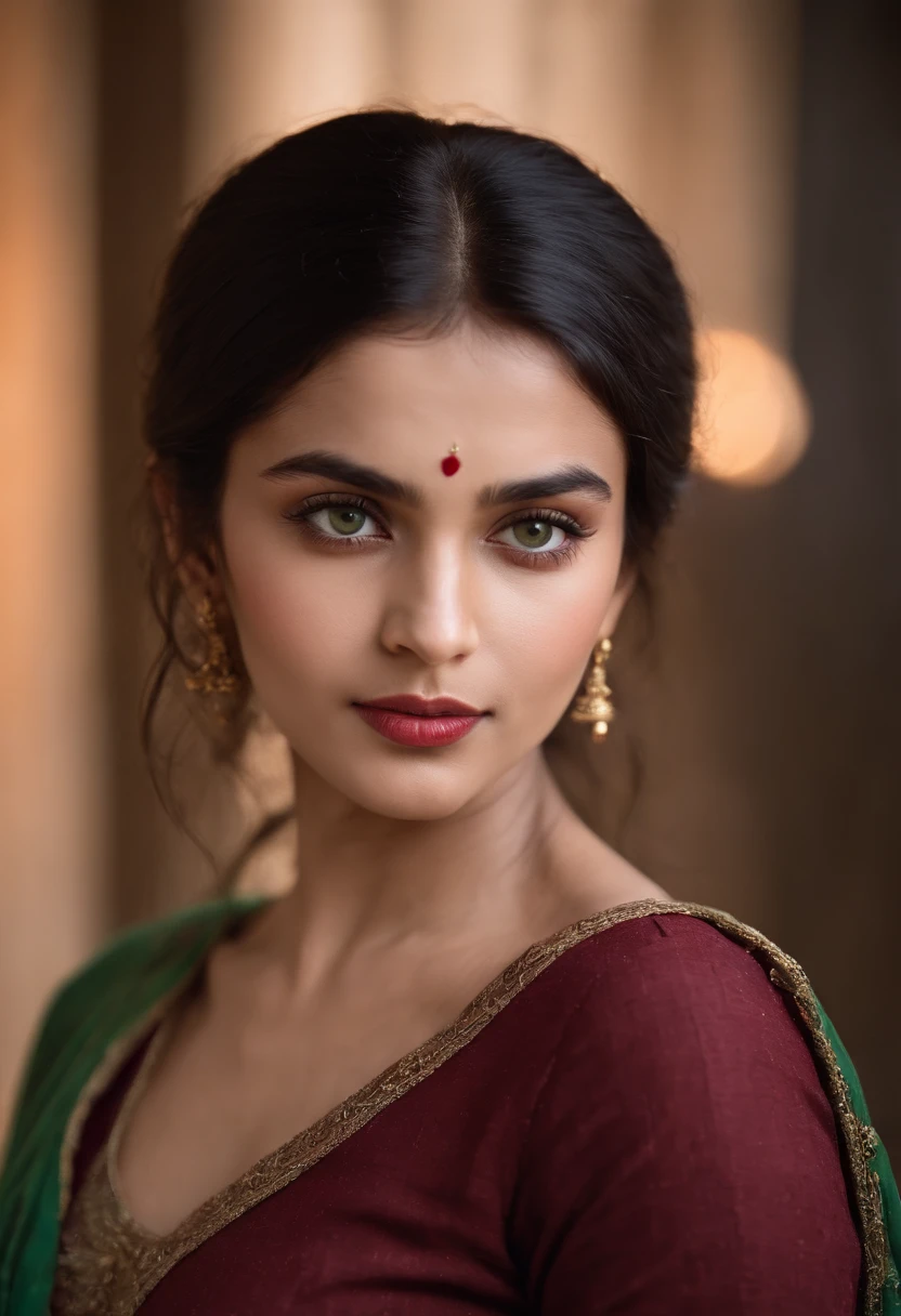 Deepti Bhatnagar, (((a deep reddish wound crosses her left cheek))) fair complexion, woman around 29 years old, large breasts, deep cleavage , natural black hair, distinctive green eyes, wearing kohl, slender and graceful, beautiful, candlelight in a medieval setting, ultra sharp focus, realistic shot, medieval female clothes, tetradic colors (scar:1.4)