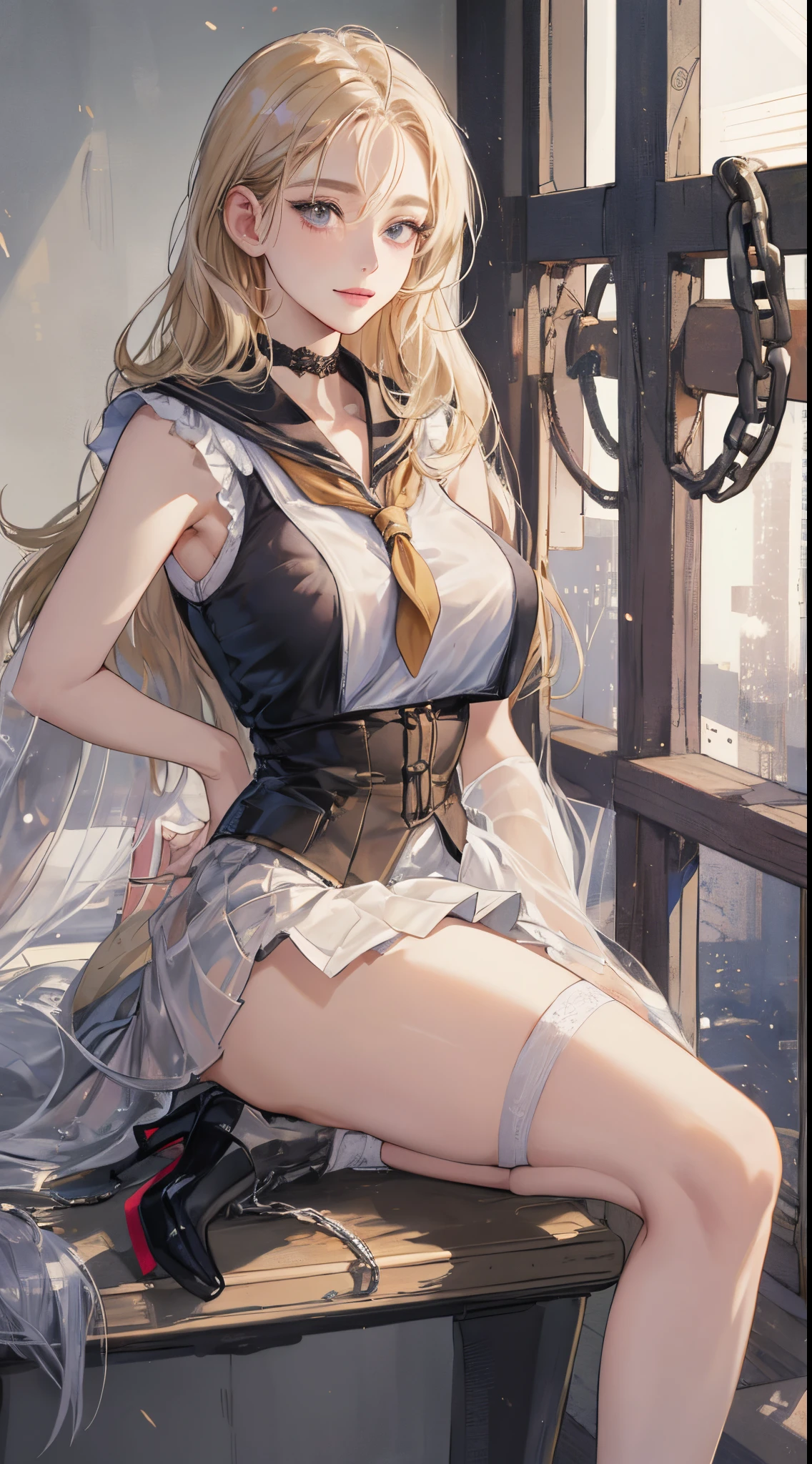 top-quality、realistic touch,high-detail、photoRealstic、、Long body、skirts that are too short、big eye、Big breasts that will tear your clothes、Strong platinum blonde eyelashes、platinum-blonde、Beautie、A sexy、full body Esbian、Sparkling eyes、Submissive smile、Flushed cheeks、Kamimei、thin-waist、Sleeveless、Voluptuous thighs、Enraptured look、shiny rubber material、sailor uniform
