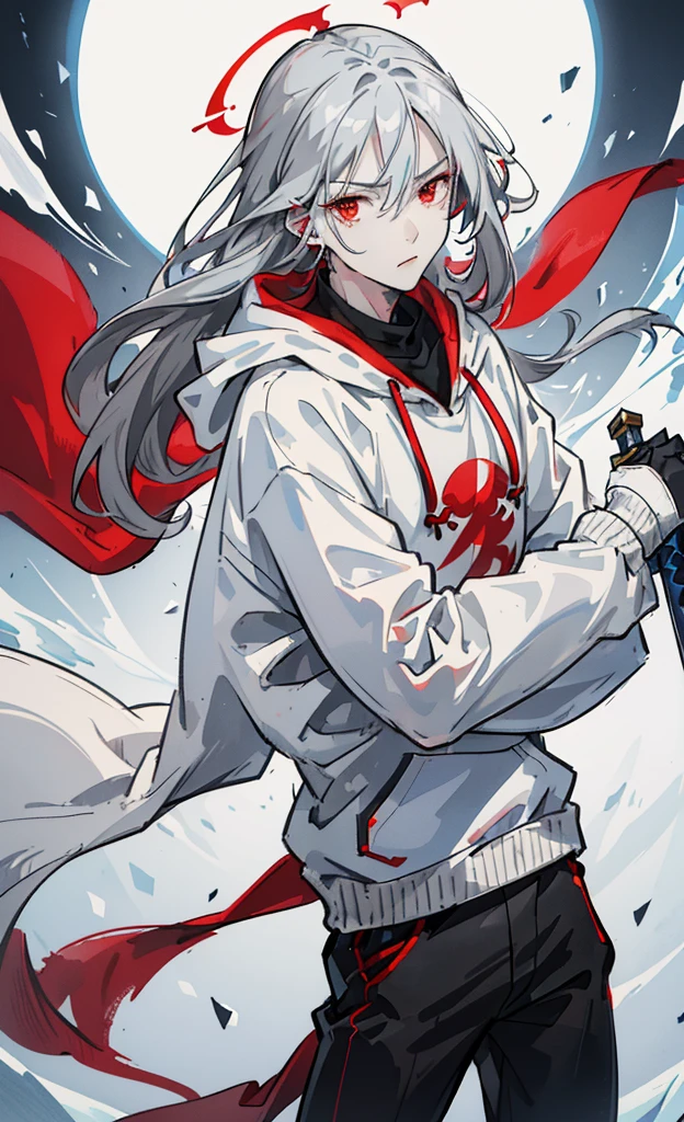 top-quality,male people,Long gray hair,red eyes,White hoodie,Black pants,Light blue muffler,Great sword wrapped in ice,cool expression,icy,Red Moon