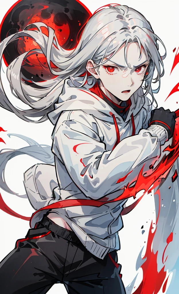 top-quality,male people,Long gray hair,red eyes,White hoodie,Black pants,Light blue muffler,Great sword wrapped in ice,cool expression,icy,Red Moon