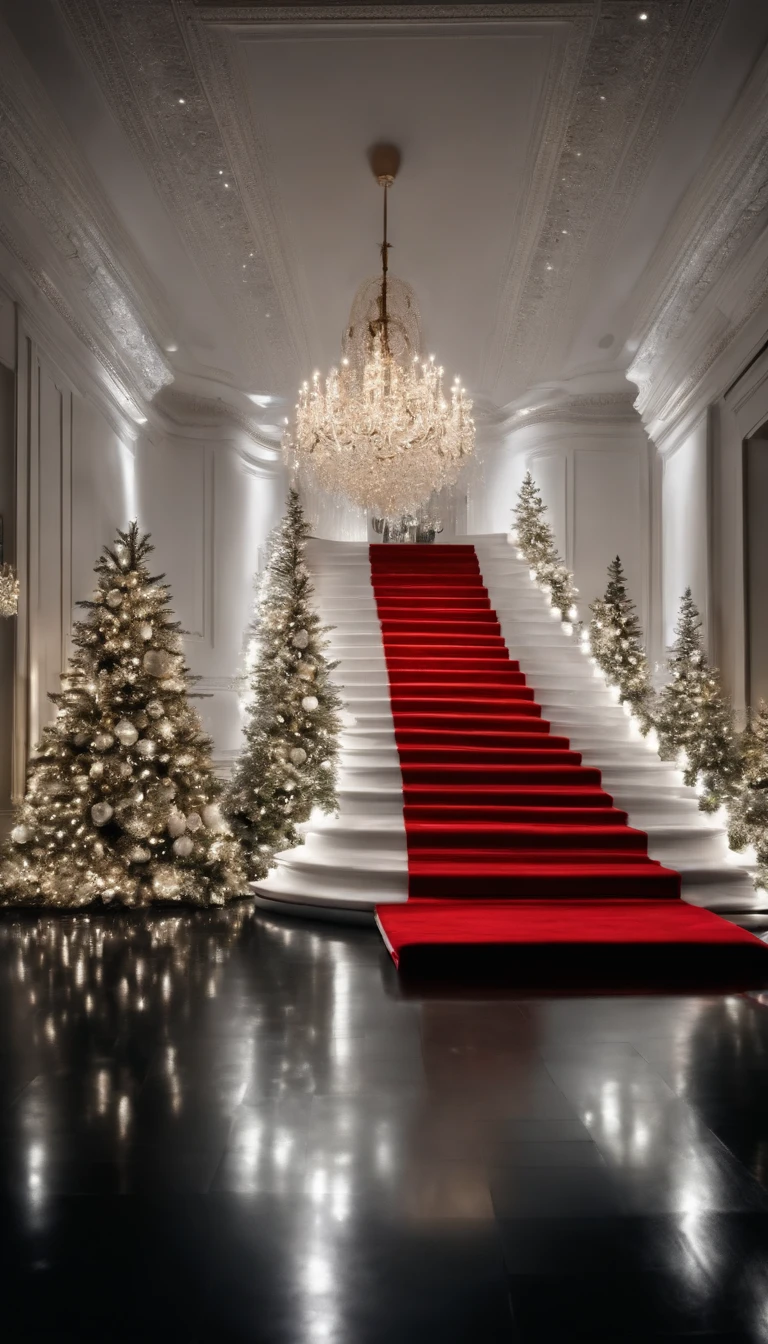 A red carpet is laid out on a black floor、A sparkling white Christmas tree in the center、hiquality、Moving Light