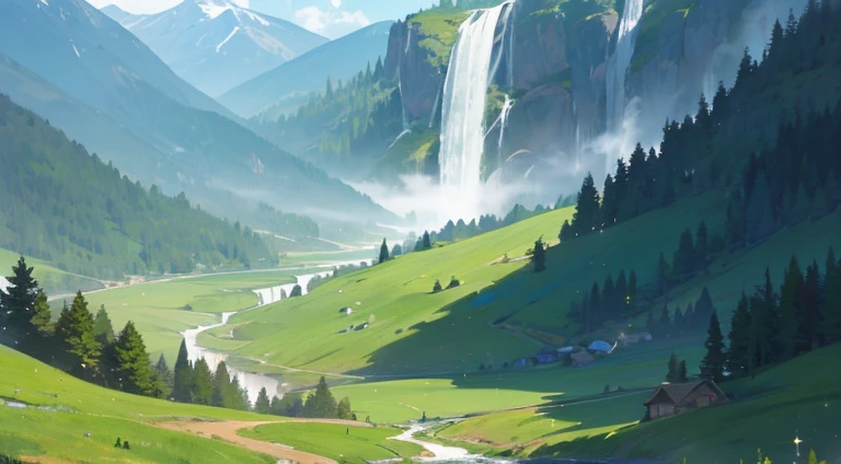 Ethereal Valley of Tranquility: A serene valley, blanketed in emerald grass, is embraced by towering mountains. Crystal-clear streams wind through the valley, feeding into a stunning waterfall that sparkles like diamonds in the sunlight. A cozy cabin sits at the valley's edge, a haven of comfort amidst this ethereal landscape.