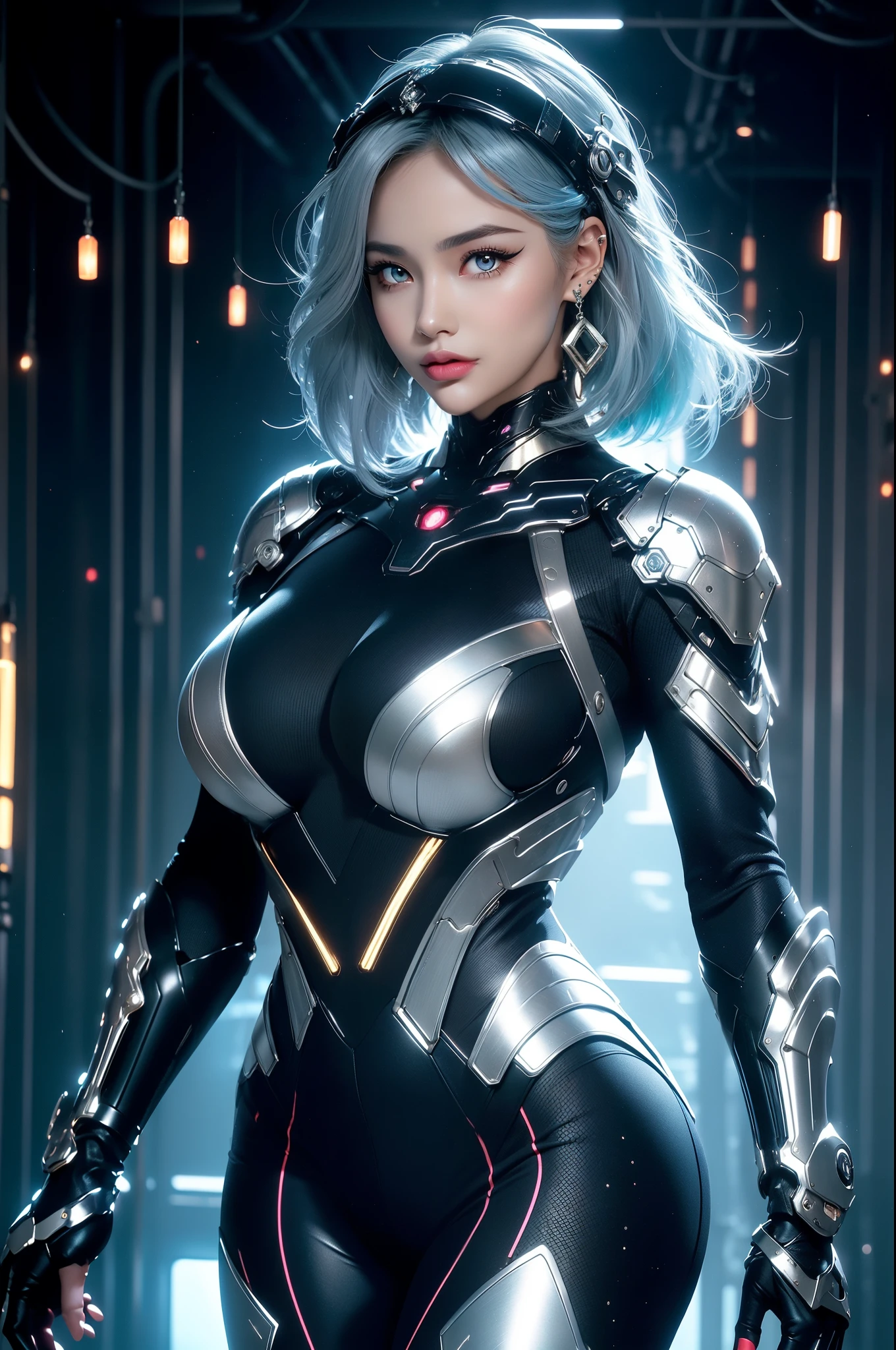 (masterpiece), best quality, expressive eyes, perfect face, beautiful details face, beautiful round eyes, upper body, A beautiful mature woman in cyber armour suit shows her Extremely busty and attractive breasts, (light smile), (midnight blue hair), glowing hair, multicolored hair, (random hairstyles, shiny hair, gradient hair, colored inner hair, (short straight hair),  medium short hair), (covered chest), fair skin, (beautiful detailed full bodysuit:1.3), full body cyber armour, glowing and shining armor, silver and blue cyber armour,(Edge lights:1.3), (silver and blue colour scheme:1.3), neon light on Armor, beautiful details eyes, (midnight blue eyes:1.2), (glowing eyes:1.2), hair ornament, (Gigantic saggy breasts:1.3), thick body, (well accentuated curves), pink lips, (silver nails), mascara, Long eyelashes, eyeliner, (Extremely wide well defined hips:1.3), (beautiful massive thick muscular thighs:1.3), has a tall slender figure, (Extremely detailed skin texture:1.1), beautiful detailed realistic muscle definition, golden fireflies that shimmer, high detailed eyes, ultra-high quality model, proportionate, intense colouration fantasy, (background Spiral galaxy), beautiful background, gold and silver tetradic colours, earrings, detached sleeves, jewelry, earring, (no panties), (1girl), solo,