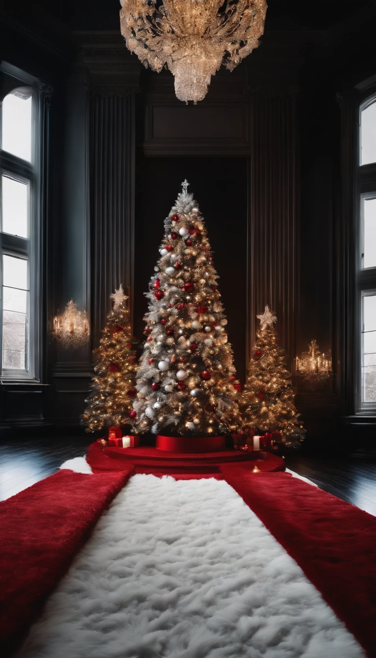A red carpet is laid out on a black floor、A sparkling white Christmas tree in the center、hiquality、Moving Light