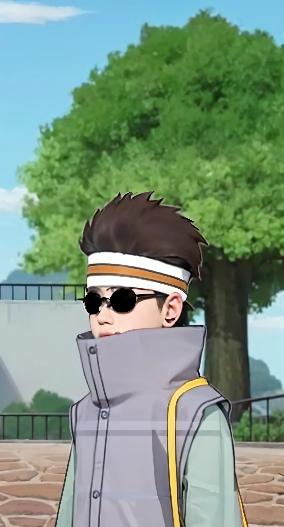 Real life adaption of this character ,The handsome face of a little boy, realistic same hair , (realistic same outfit), realistic background , realistic light, realistic shadow, realism, hyper realistic,(photorealistic:1.2), realistic same headband, realistic same glasses