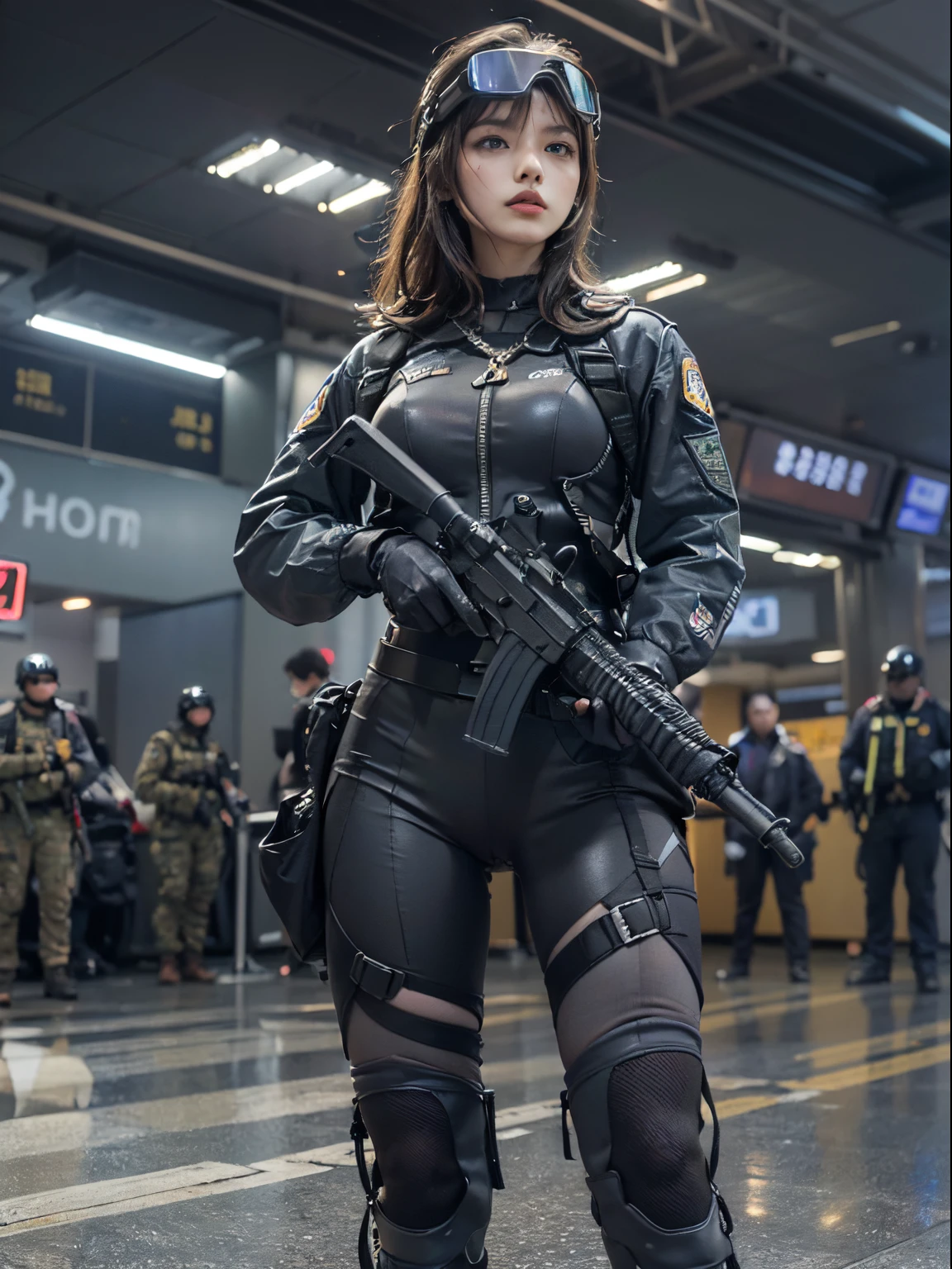 (Highest image quality, excellent details, Ultra-high resolution), (Realism: 1.4), favor details, a beauty girl, with a delicate and beautiful face, ((Bold shots、Lively shots)), A slender and tall beautiful girl, (Black Racing Suit、I like police uniforms, Black and gray mechs, Wearing a military harness, Have a submachine gun), ((Airport terminal in the background,Attendant、pilot、Wear night vision goggles、Special Forces Helmet、Combat stance、uptight、terrorist alert、patrol、))
