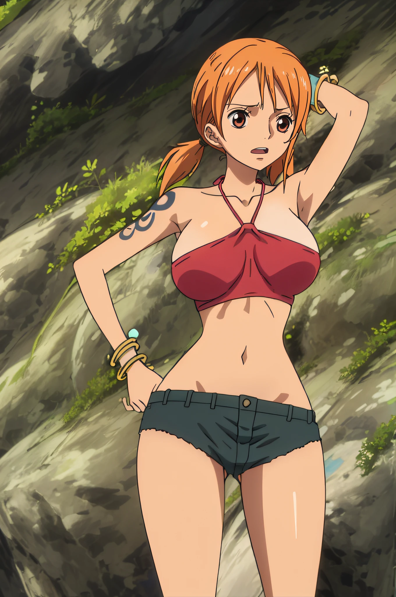 Namihalterneck, halterneck, 1girl, solo, large breasts, twintails, brown eyes, jewelry, orange hair, bracelet, short shorts, tattoo, short twintails, denim shorts, tricolor halter neck, armpits