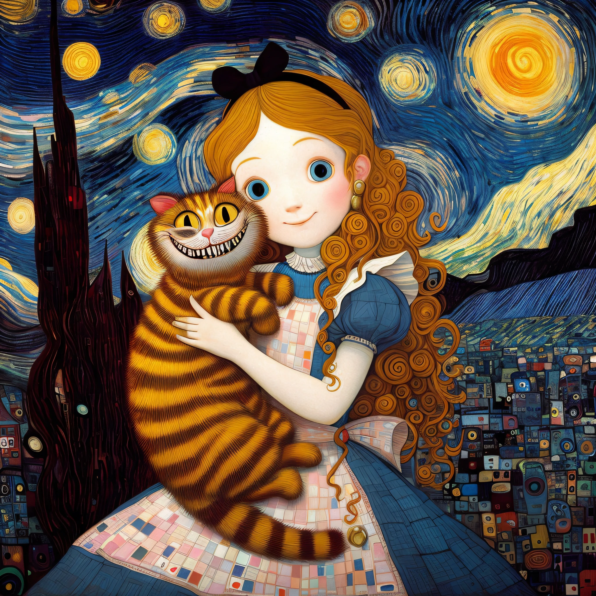 masterpiece, high quality, high definition, gustav klimt style, artistic painting, dark atmosphere, Land of Cards, Alice and the Cheshire Cat from Alice's Adventures in Wonderland, Alice is holding the Cheshire Cat, they look happy A smiling face,