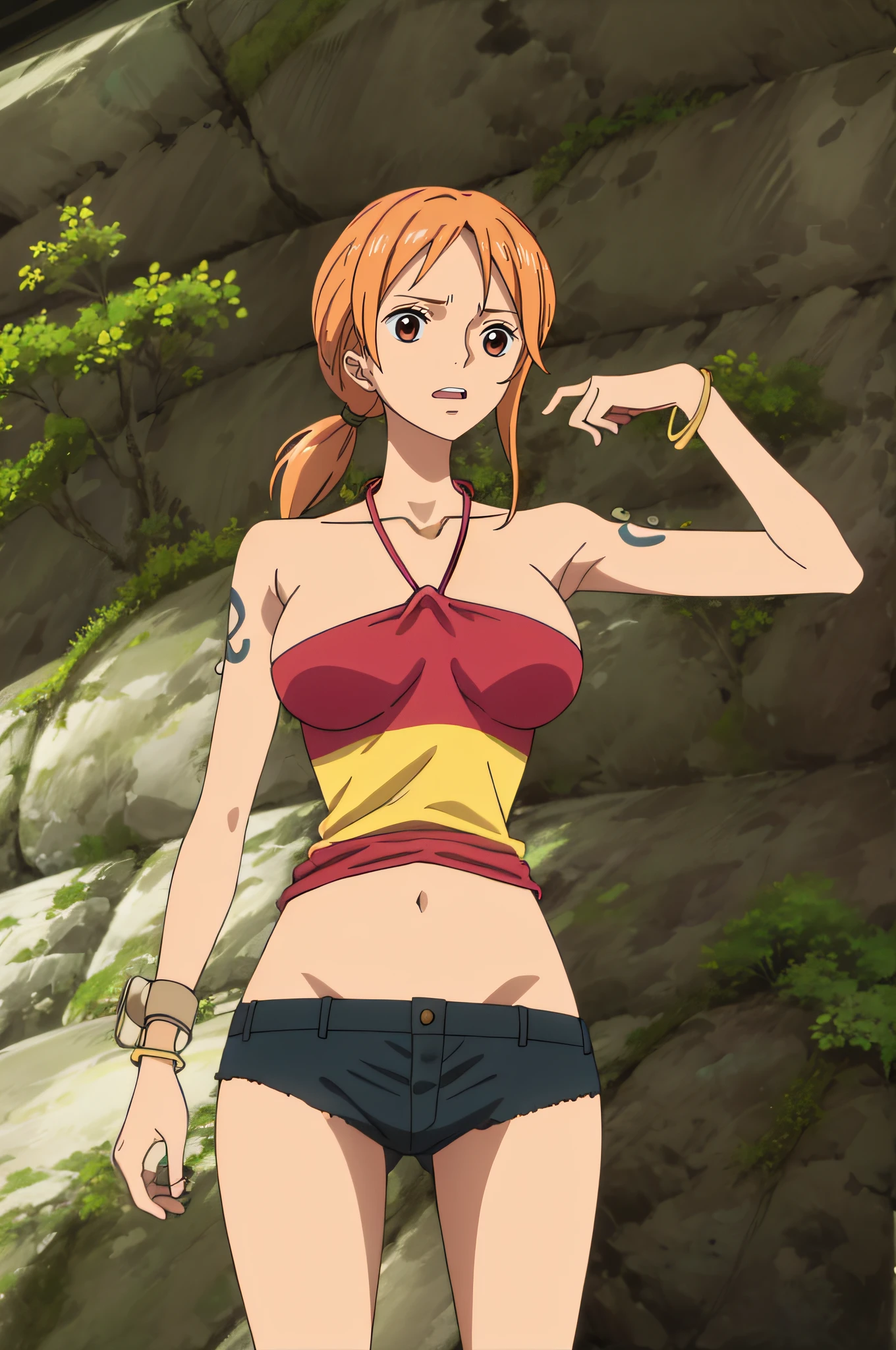 NamiHalterneck, Halterneck, 1girl, solamente, senos grandes, colas gemelas, brown eyes, jewely, cabello naranja, brazalete, pantalones cortos, tatuaje, Colas gemelas cortas, pantalones cortos de mezclilla, cuello halter tricolor, Axilas
