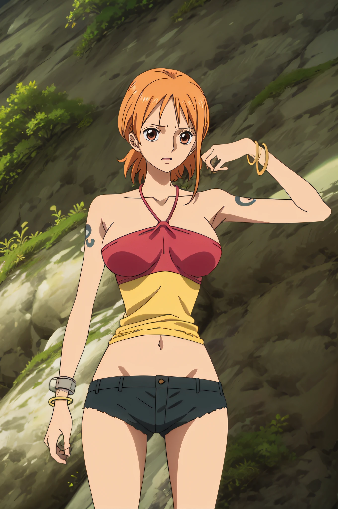 NamiHalterneck, Halterneck, 1girl, solamente, senos grandes, colas gemelas, brown eyes, jewely, cabello naranja, brazalete, pantalones cortos, tatuaje, Colas gemelas cortas, pantalones cortos de mezclilla, cuello halter tricolor, Axilas