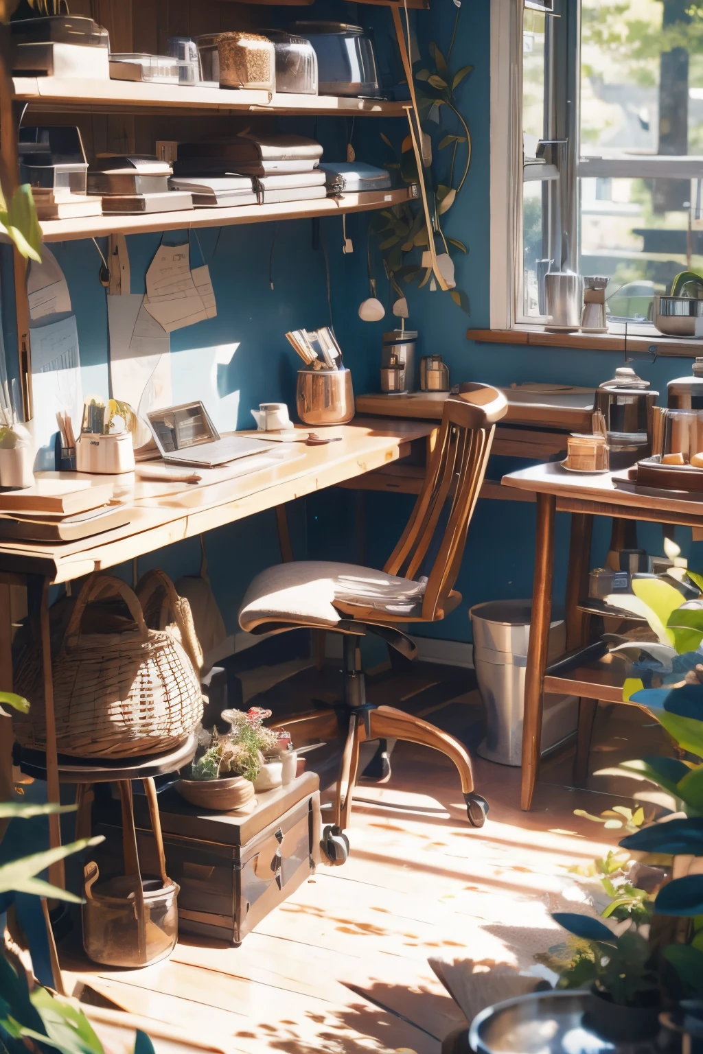 A homely home,corner of desktop,window,Cartoon illustration style