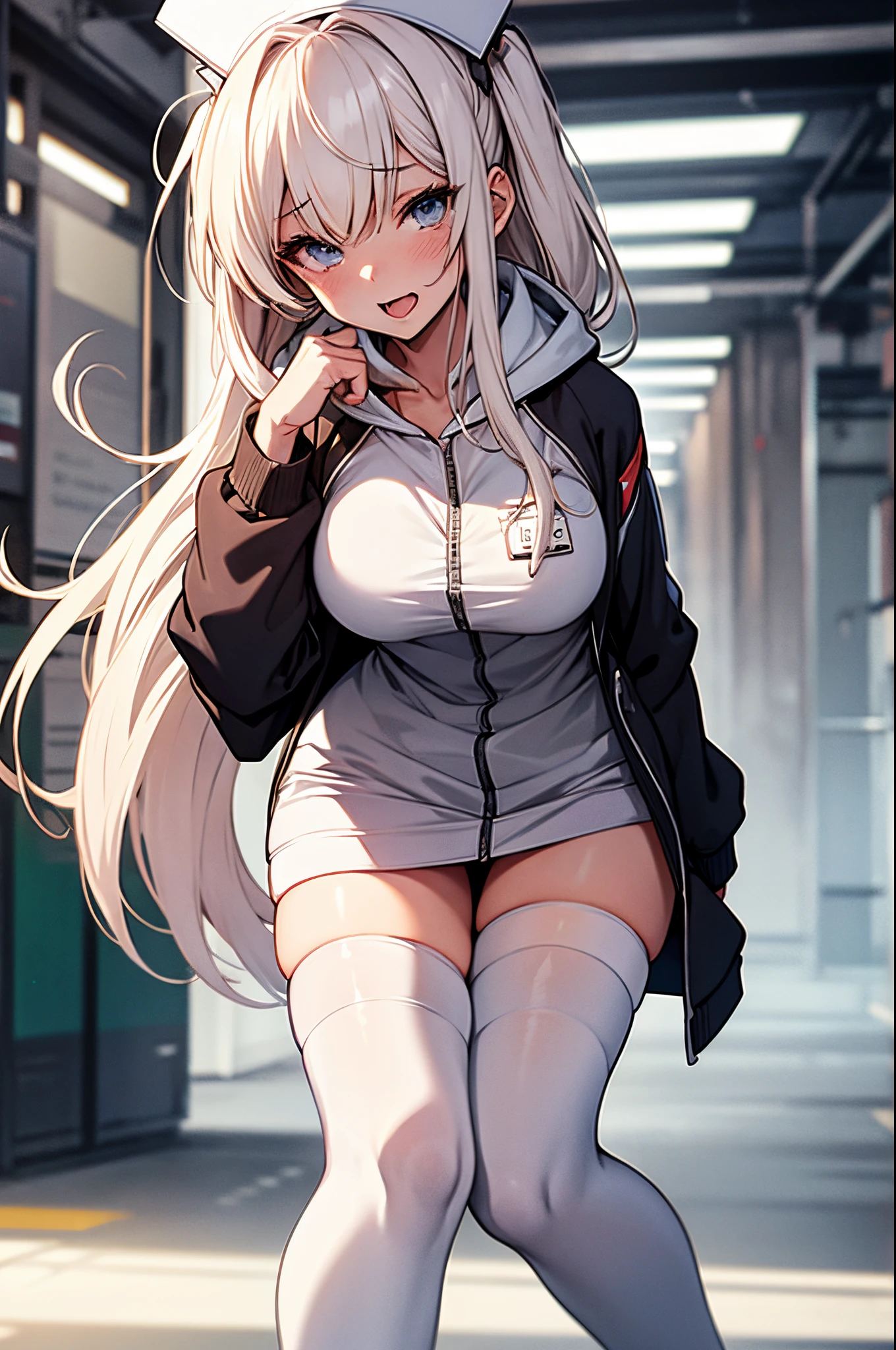 Nurse, Nurse Cap, Whiteware, ((White legwear, zettai ryouiki)), White Gloves、nurse costume、From below 、Salute 、hiqcgbody, Realistic, 1girl in, Full body, ar old,ri, elementl, Loose clothes, Hoodie, Barefoot, Colorful, masutepiece, Best Quality, 8K,Ahegao ( Silly / Sexual ecstasy)