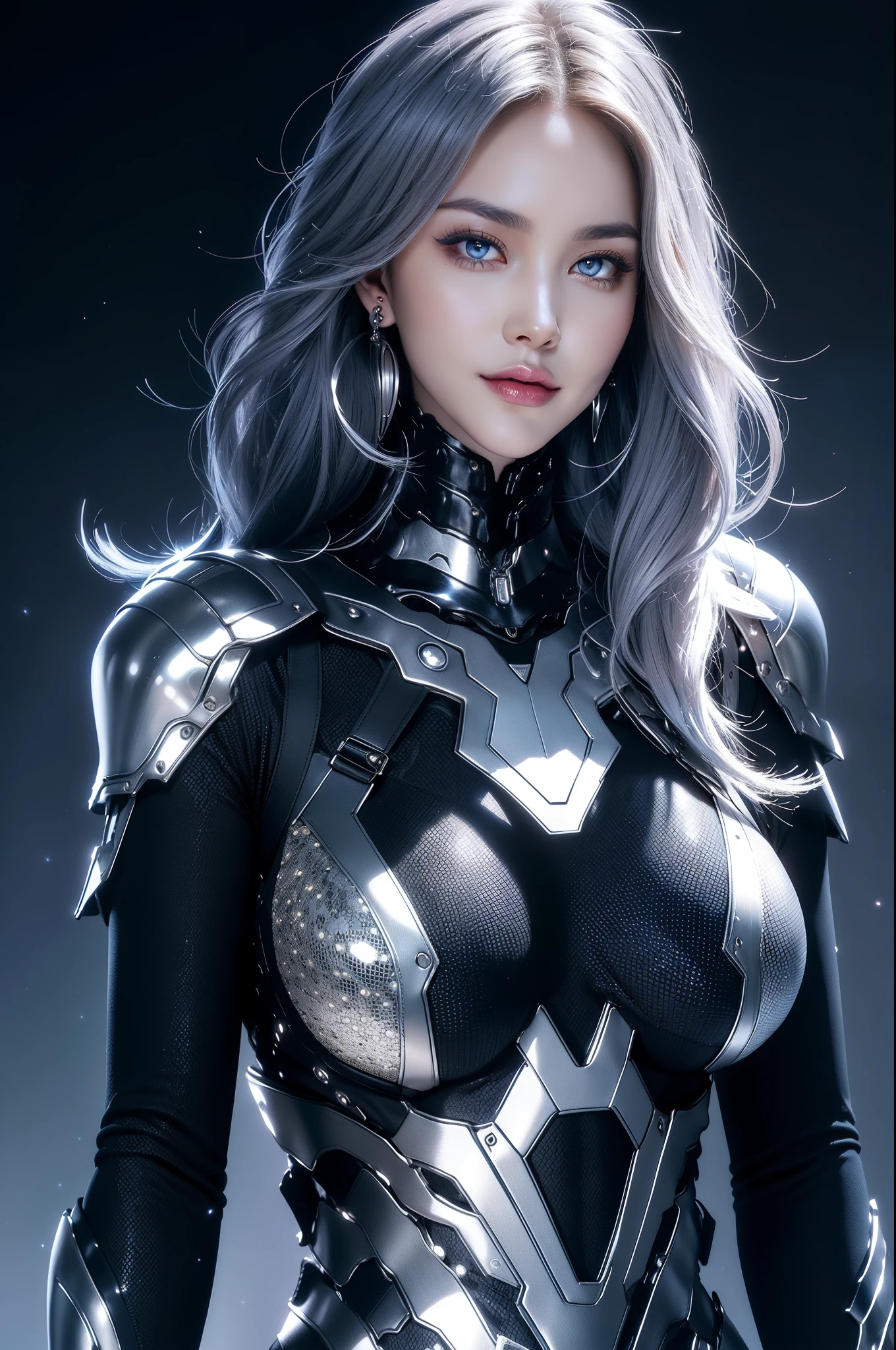 (masterpiece), best quality, expressive eyes, perfect face, beautiful details face, beautiful round eyes, upper body, A beautiful mature woman in cyber armour suit shows her Extremely busty and attractive breasts, (light smile), (midnight blue hair), glowing hair, multicolored hair, (random hairstyles, shiny hair, gradient hair, colored inner hair, (short straight hair),  medium short hair), (covered chest), fair skin, (beautiful detailed full bodysuit:1.3), full body cyber armour, glowing and shining armor, silver and blue cyber armour,(Edge lights:1.3), (silver and blue colour scheme:1.3), neon light on Armor, beautiful details eyes, (midnight blue eyes:1.2), (glowing eyes:1.2), hair ornament, (Gigantic saggy breasts:1.3), thick body, (well accentuated curves), pink lips, (silver nails), mascara, Long eyelashes, eyeliner, (Extremely wide well defined hips:1.3), (beautiful massive thick muscular thighs:1.3), has a tall slender figure, (Extremely detailed skin texture:1.1), beautiful detailed realistic muscle definition, golden fireflies that shimmer, high detailed eyes, ultra-high quality model, proportionate, intense colouration fantasy, (background Spiral galaxy), beautiful background, gold and silver tetradic colours, earrings, detached sleeves, jewelry, earring, (1girl), solo,