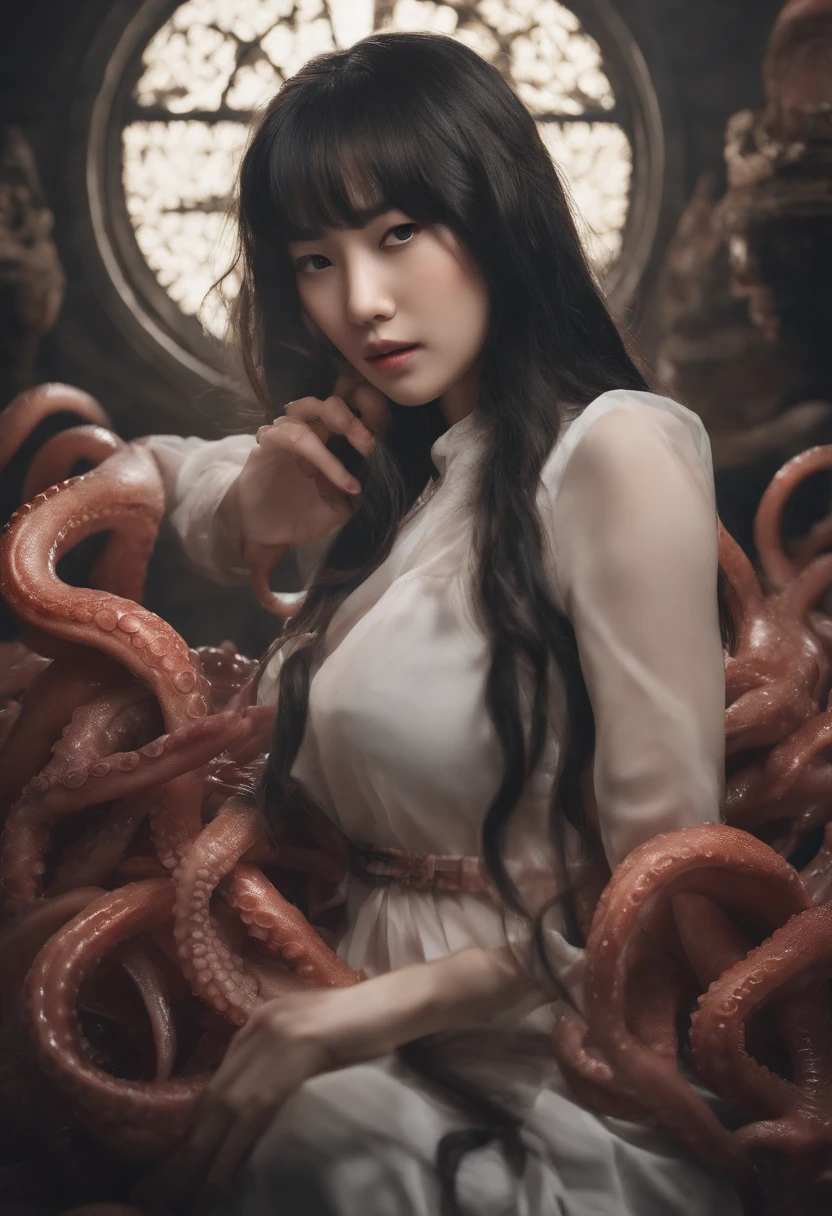 in the dungeon，Small space，Covered with tentacles,  asian teen girl, crying expression, Tentacles around the body, many tentacles, Fine details，Tentacled，Tied with tentacles，- vaginal shot，drooling，Crying，Detailed body，Full limbs，photo Raw, hyper HD, Anatomically correct, Textured skin, realistic, realism, Super detail, High details, High quality, A high resolution, 8K, hyper HD, Anatomically correct, 35mm photograph