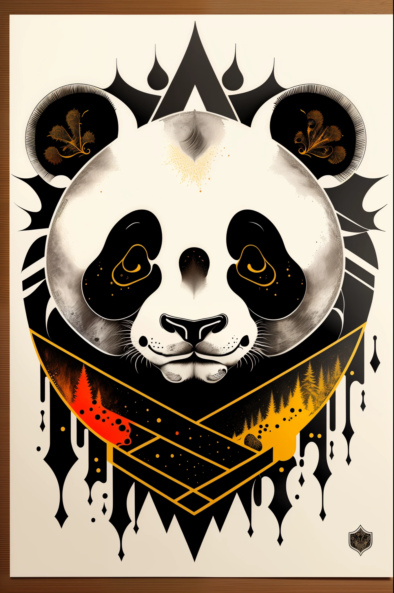 Logo blason, Panda ;work,encre 4 couleurs, beste-Qualit, high resolucion : 1,4), detailded, intricate high detail, 4K, color splashes, dessin au trait, Leonardo da Vinci