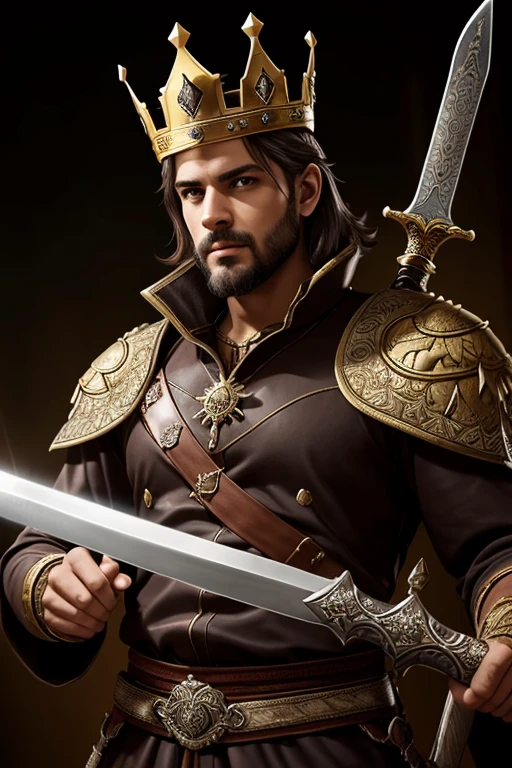 "A man with a crown on his head and a sword in his hand, em um ambiente majestoso e iluminado, in a sophisticated and detailed artistic style."