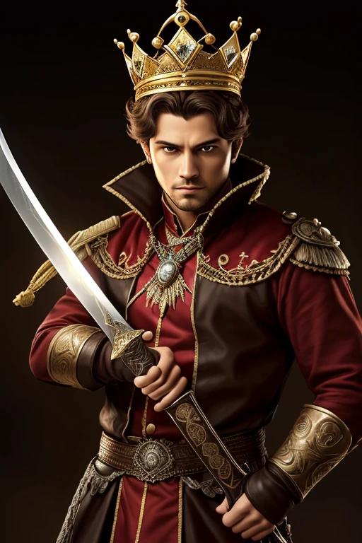 "A man with a crown on his head and a sword in his hand, em um ambiente majestoso e iluminado, in a sophisticated and detailed artistic style."