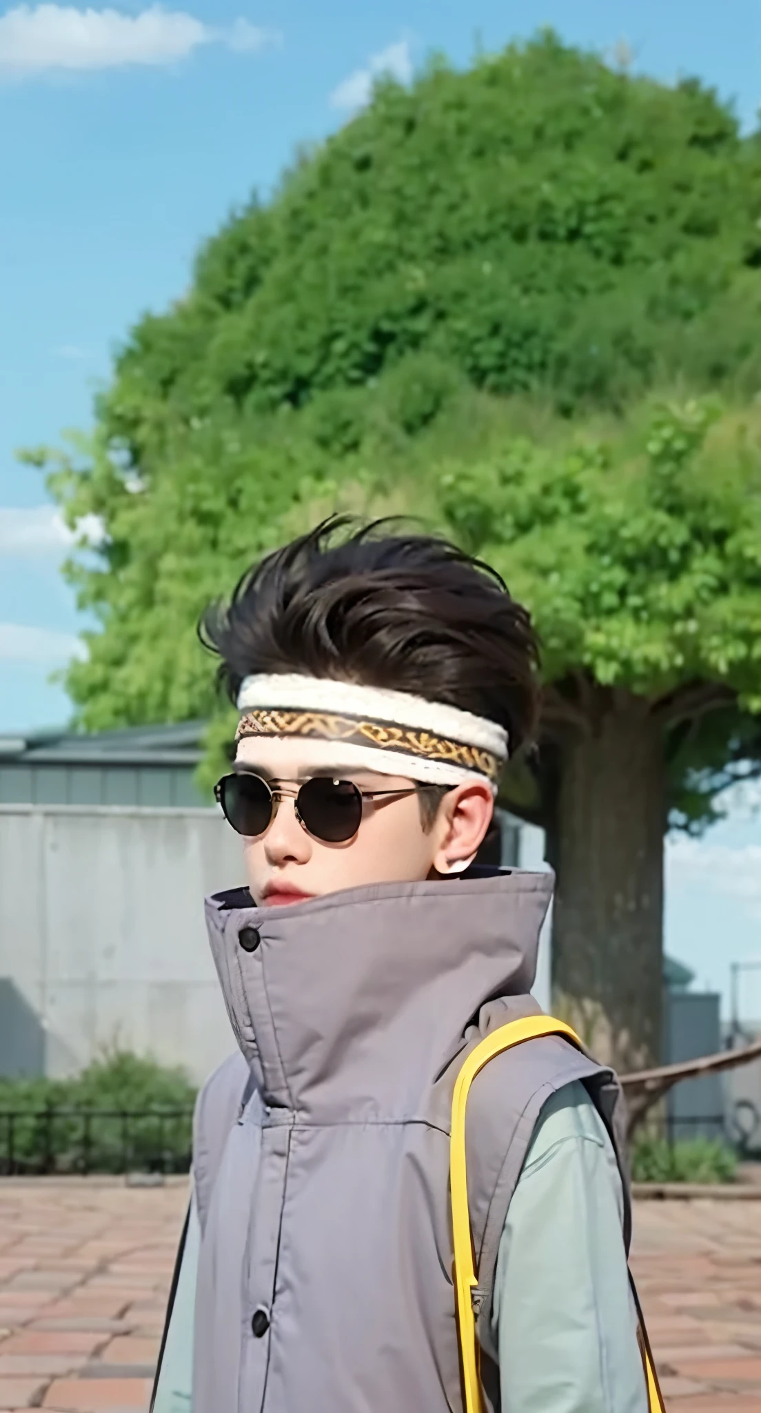 Real life adaption of this character ,The handsome face of a , realistic same hair , (realistic same outfit), realistic background , realistic light, realistic shadow, realism, hyper realistic,(photorealistic:1.2), realistic same headband, realistic same glasses