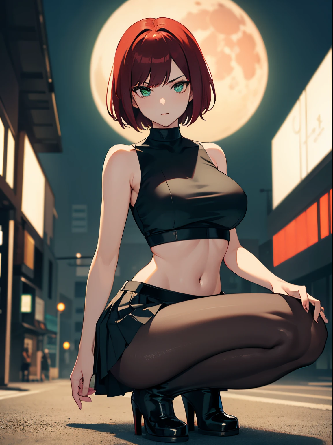 A slim young woman with short red hair, green eyes, large breasts, open black leather jacket, sleeveless white crop top, rolled-up black pleated skirt, low black tights, high-heeled boots. Crouched cross-legged, camera in hand. On a street with green smoke at night, black cat, red moon.