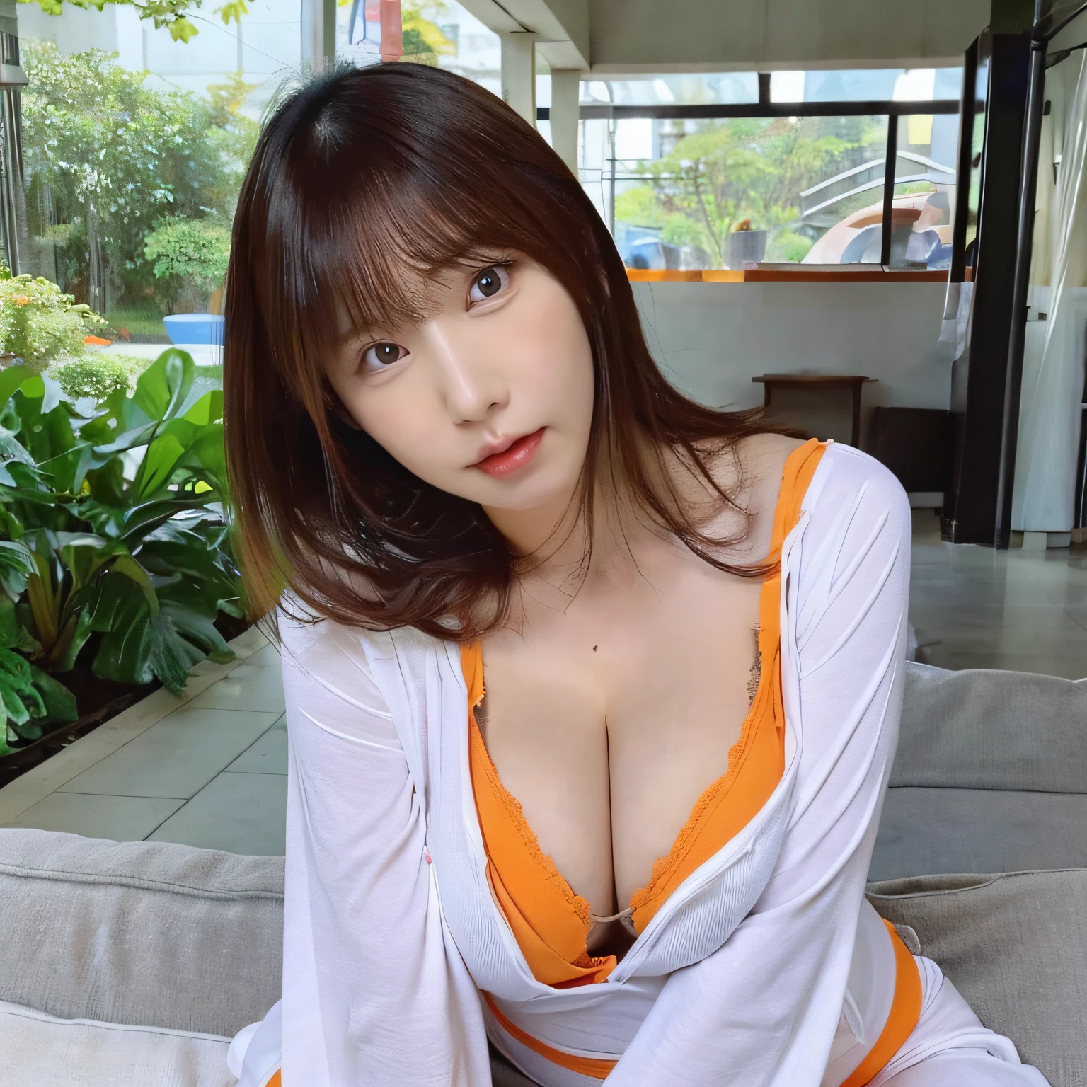 there is a woman with a very big breast posing for a picture, bbwchan, thicc, oppai, 奈良美智, shikamimi, chiho, sakimichan, (sfw) safe for work, japanese goddess, ayaka cosplay, orange and black, ayaka, sakimichan hdri