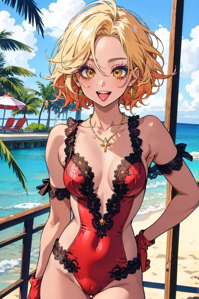"(masterpiece:1.1), best quality, (NSFW:1.1),
1girl, gyaru, (80s anime style:1.3), (eyelashes:1.5),
(intricate high detailed body:1.2),
yellow hair,
(forehead:1.1), (short hair, wavy hair:1.1),
red eyes, (red lip stick:1.1),
(tan skin:1.1), (loli body:1.2), (small breasts:1.1),
(grin:1.2), (open mouth, tongue out:1.2),
(sexy lace swimsuit:1.1),
long gloves, earrings, necklace, ahoge,
standing, dynamic pose,
(cowboy shot:1.1),
(daytime, beach:1.2)"